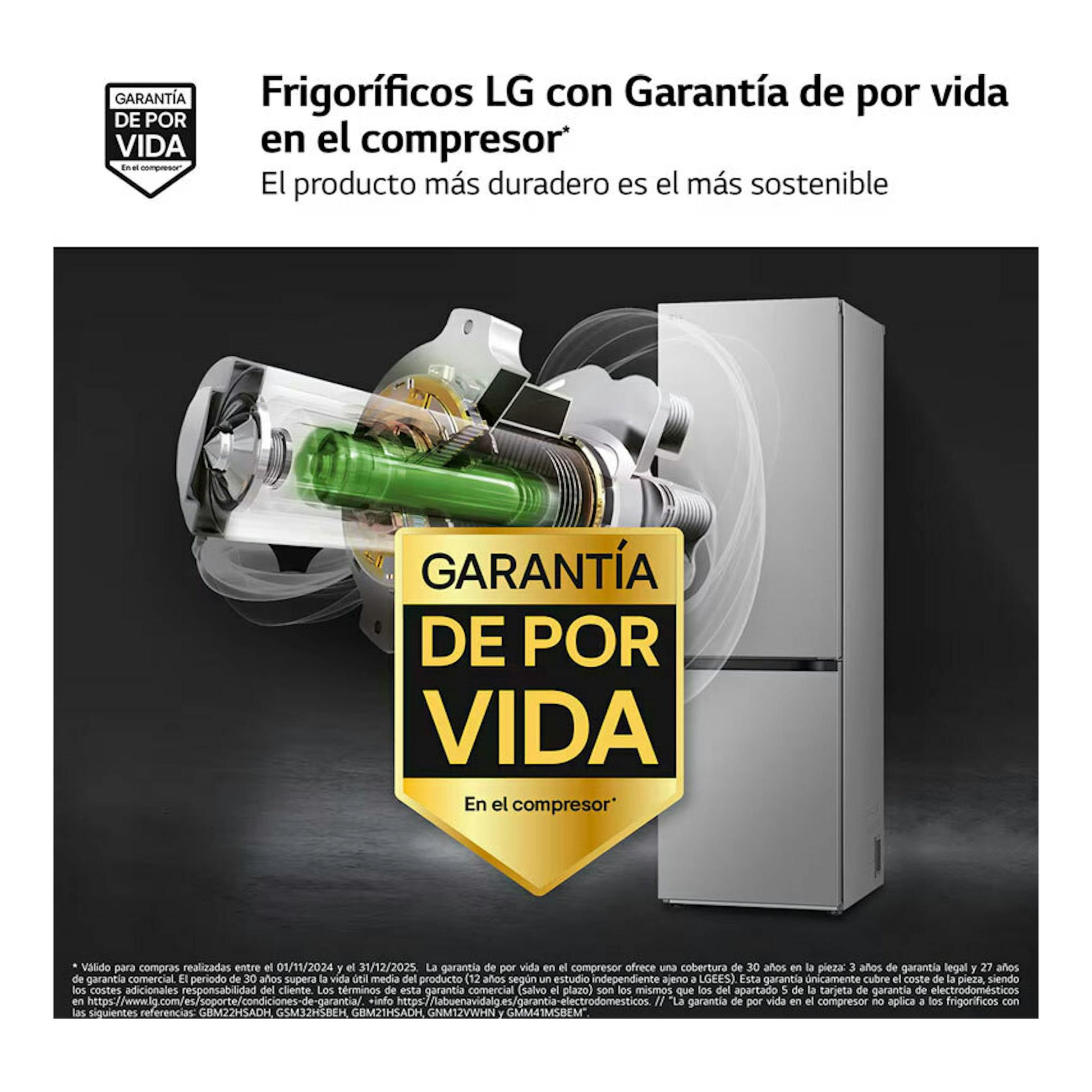 Gráfico promocional del frigorífico combi LG GBV3100APY inox, vista frontal, con sello de garantía de por vida.
