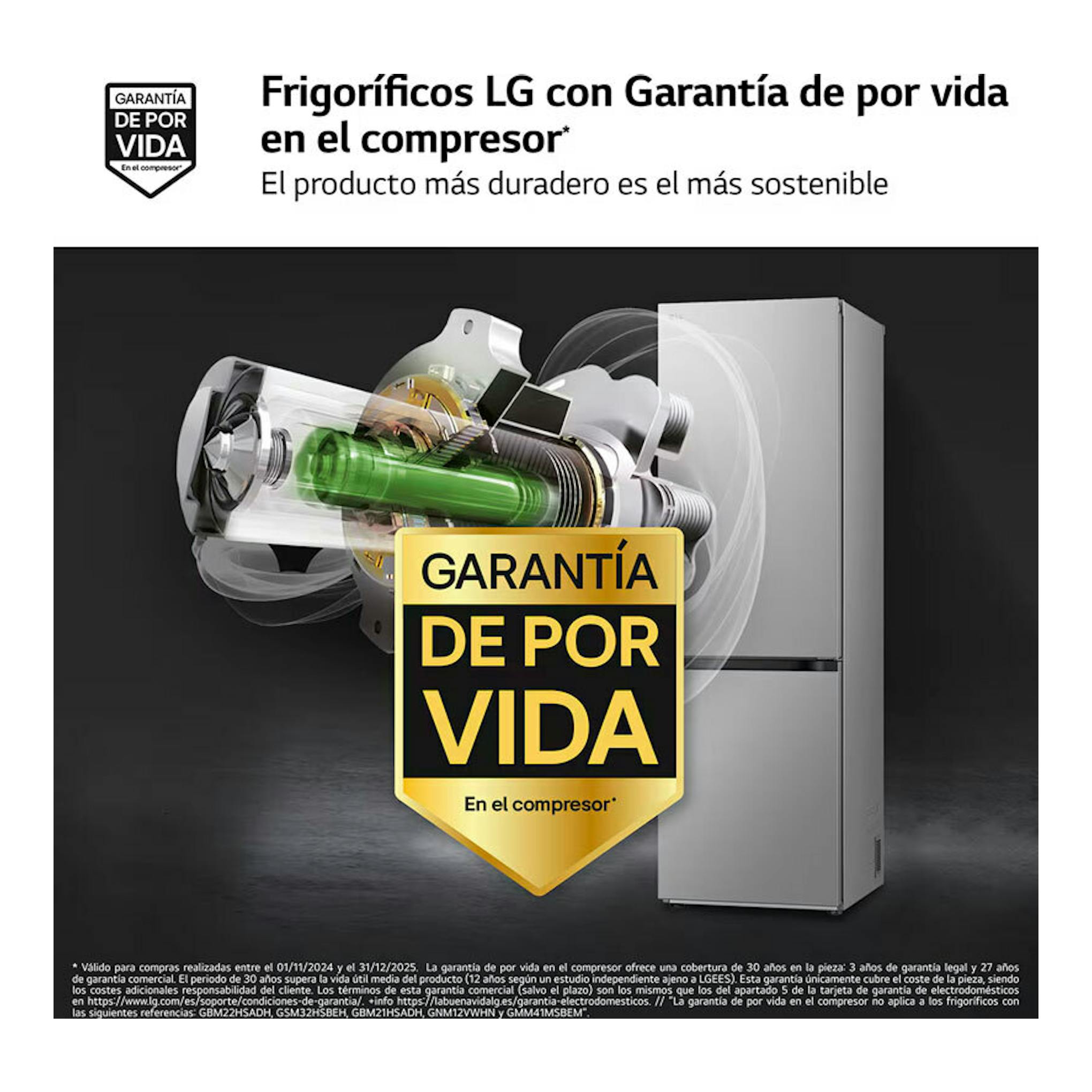 Gráfico promocional del frigorífico combi LG GBV3100APY inox, vista frontal, con sello de garantía de por vida.