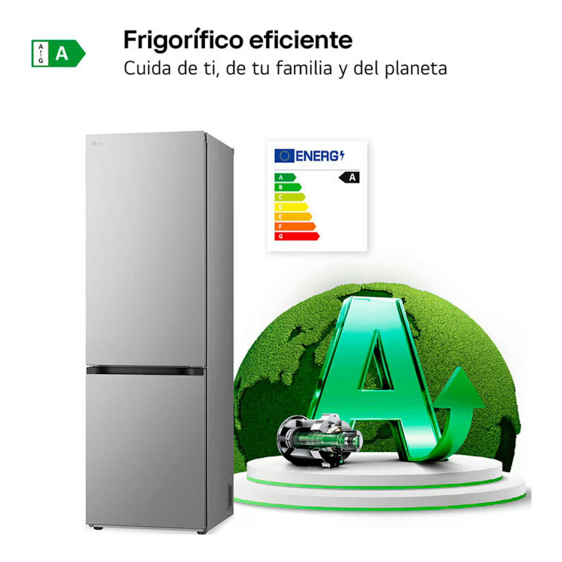 Frigorífico combi LG GBV3100APY inox, vista frontal, con etiqueta energética A.