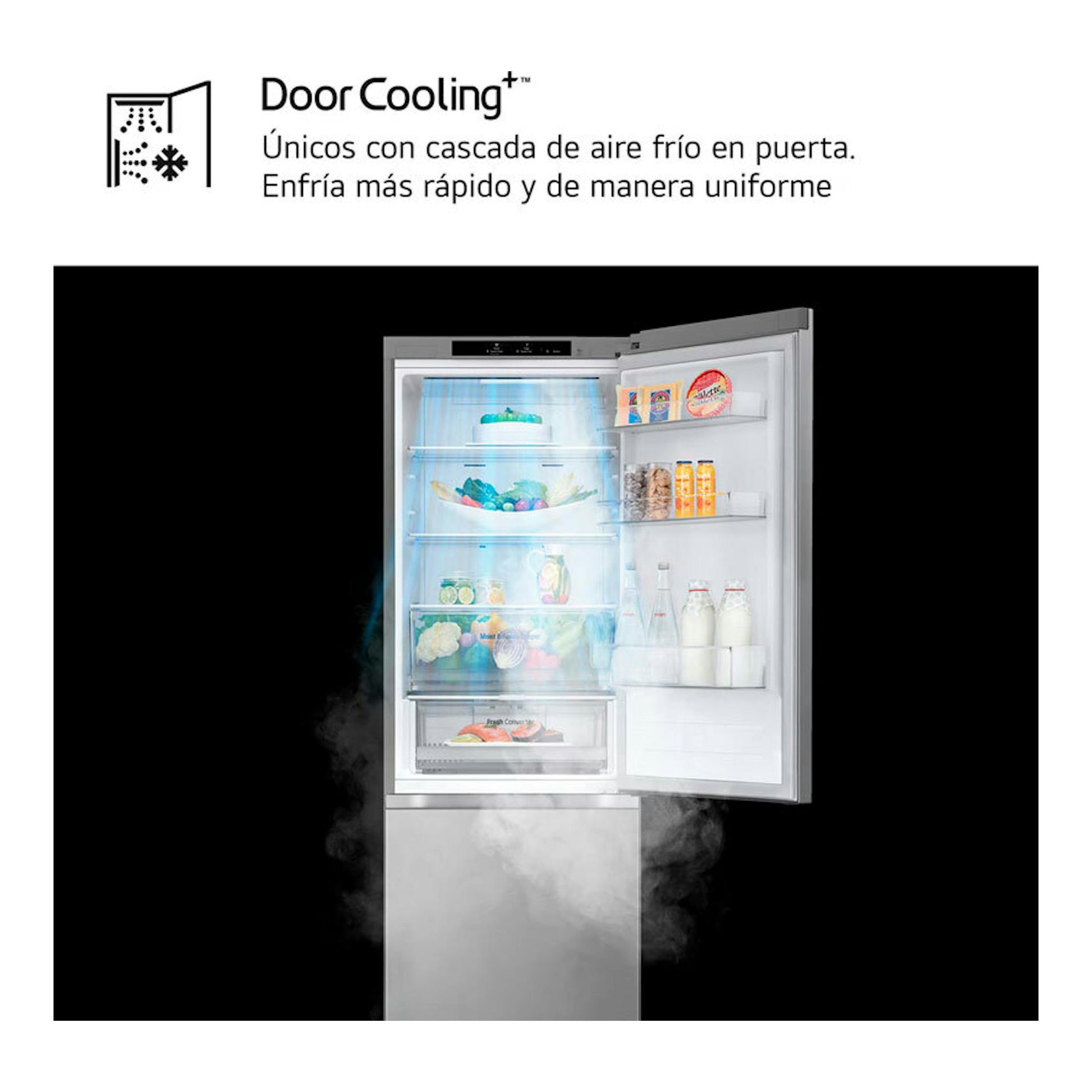 Frigorífico combi LG GBV3100APY inox, vista frontal con puerta abierta e interior iluminado.