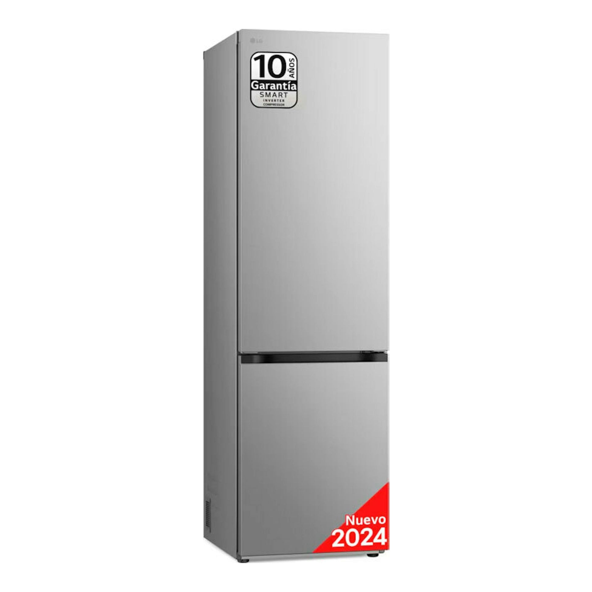 Frigorífico combi LG GBV3200CPY inox, vista frontal en ángulo, con dos puertas y acabado plateado.