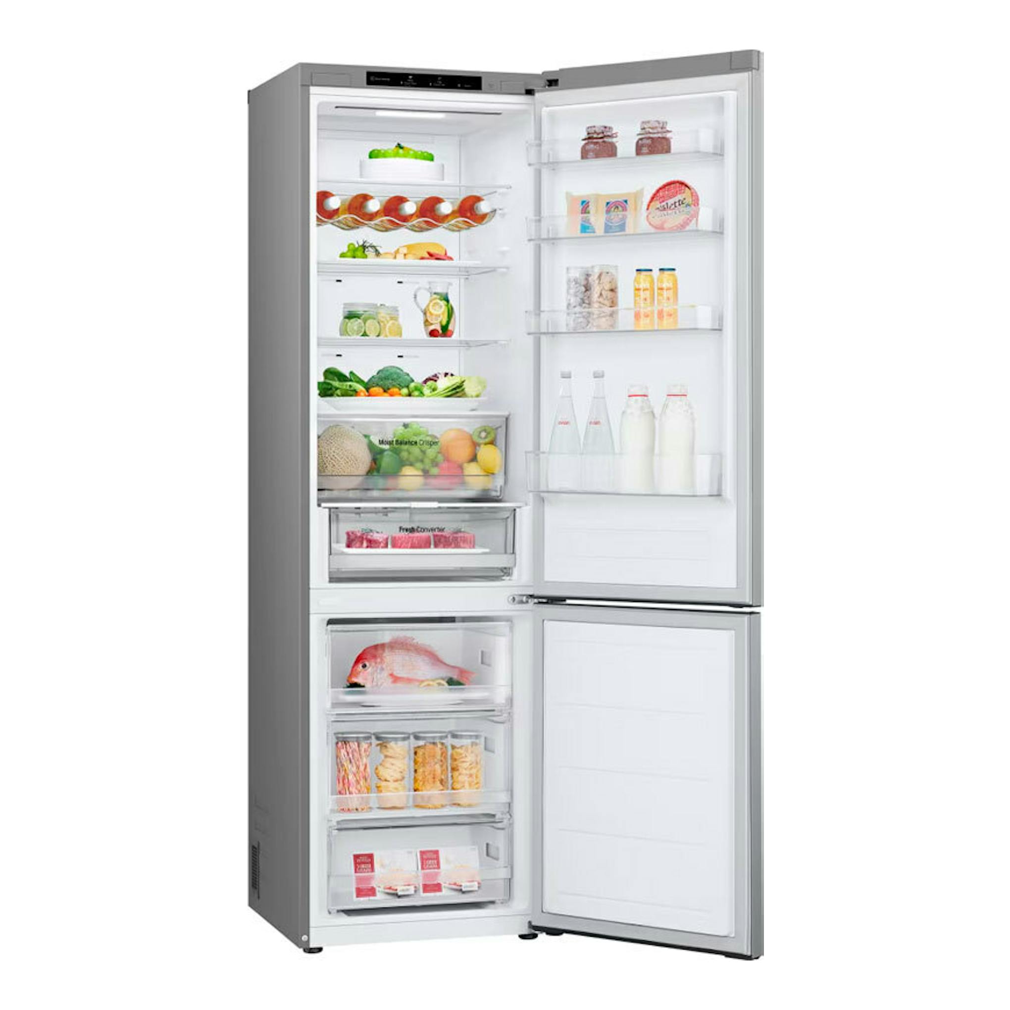 Frigorífico combi LG GBV3200CPY inox, vista frontal abierta con compartimentos y cajones visibles.