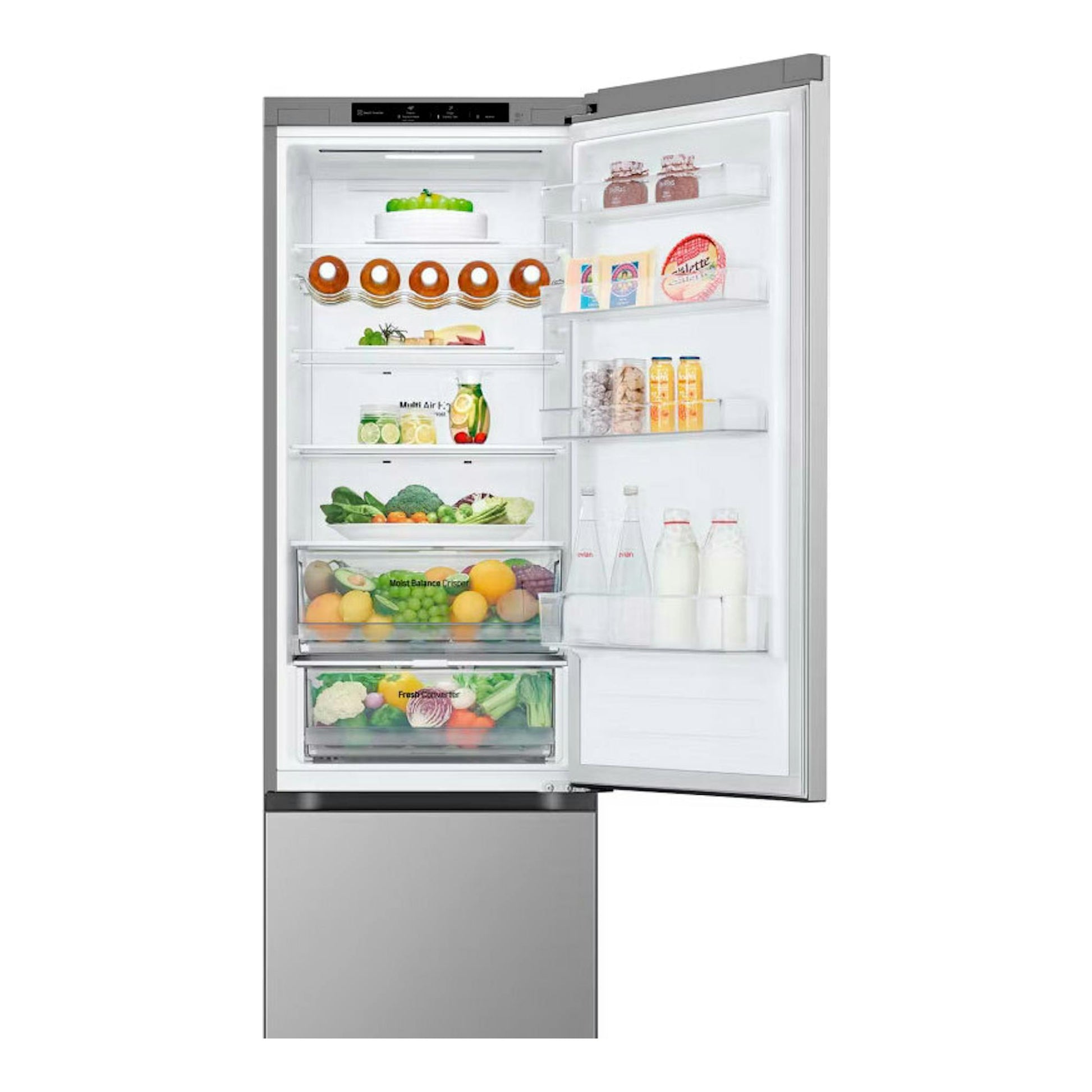 Frigorífico combi LG GBV3200CPY inox, vista frontal abierta, con interior blanco y estantes visibles.
