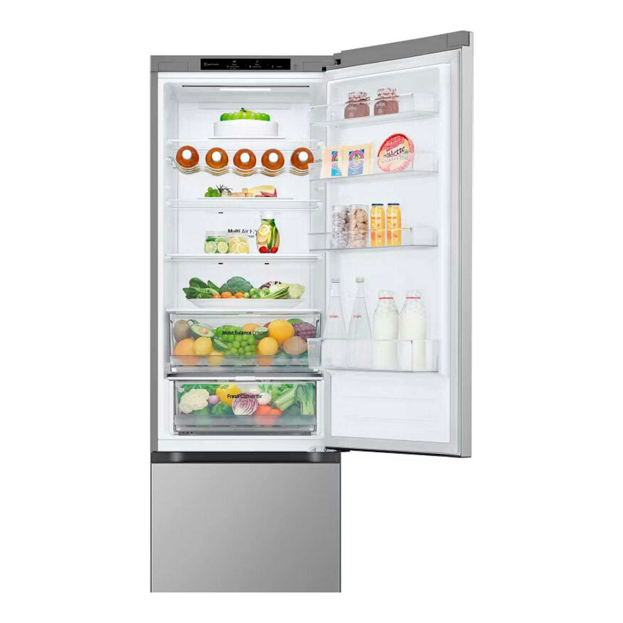 Frigorífico combi LG GBV3200CPY inox, vista frontal abierta, con interior blanco y estantes visibles.