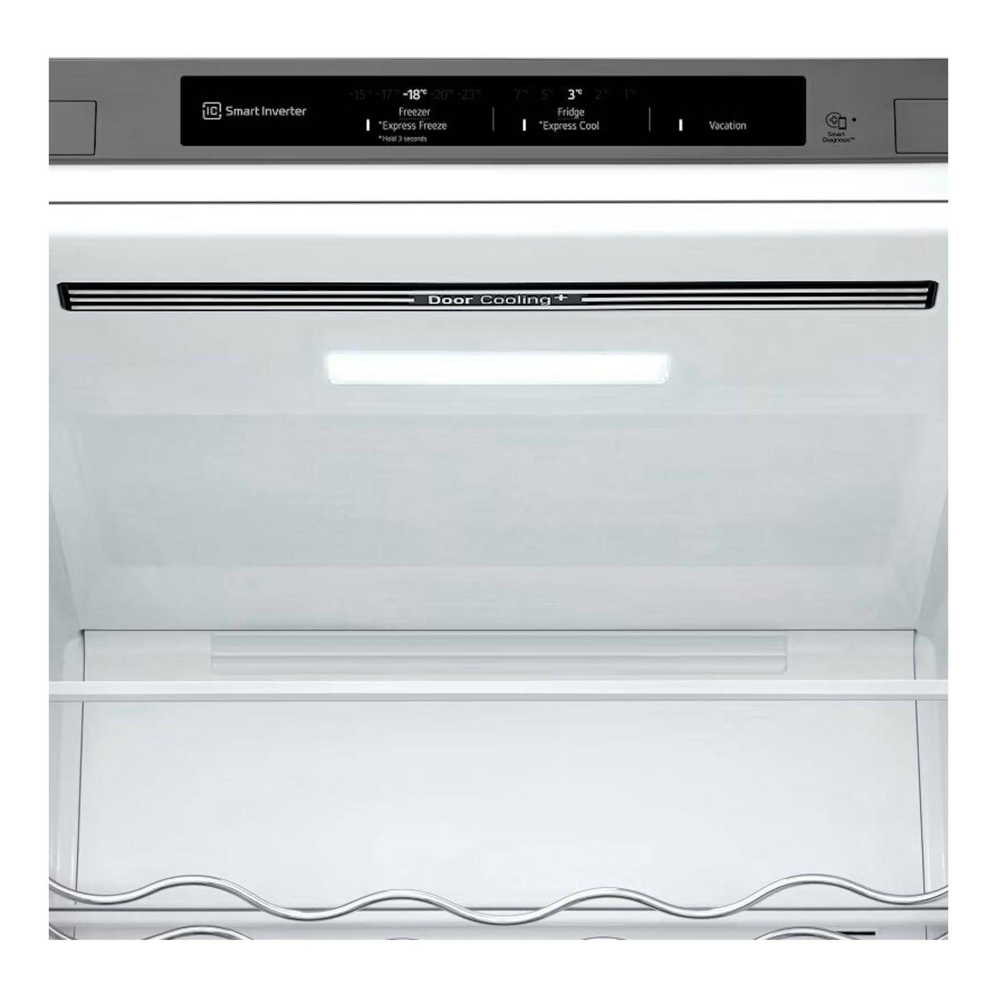 Frigorífico combi LG GBV3200CPY inox, vista frontal del interior con panel superior y cajón inferior.