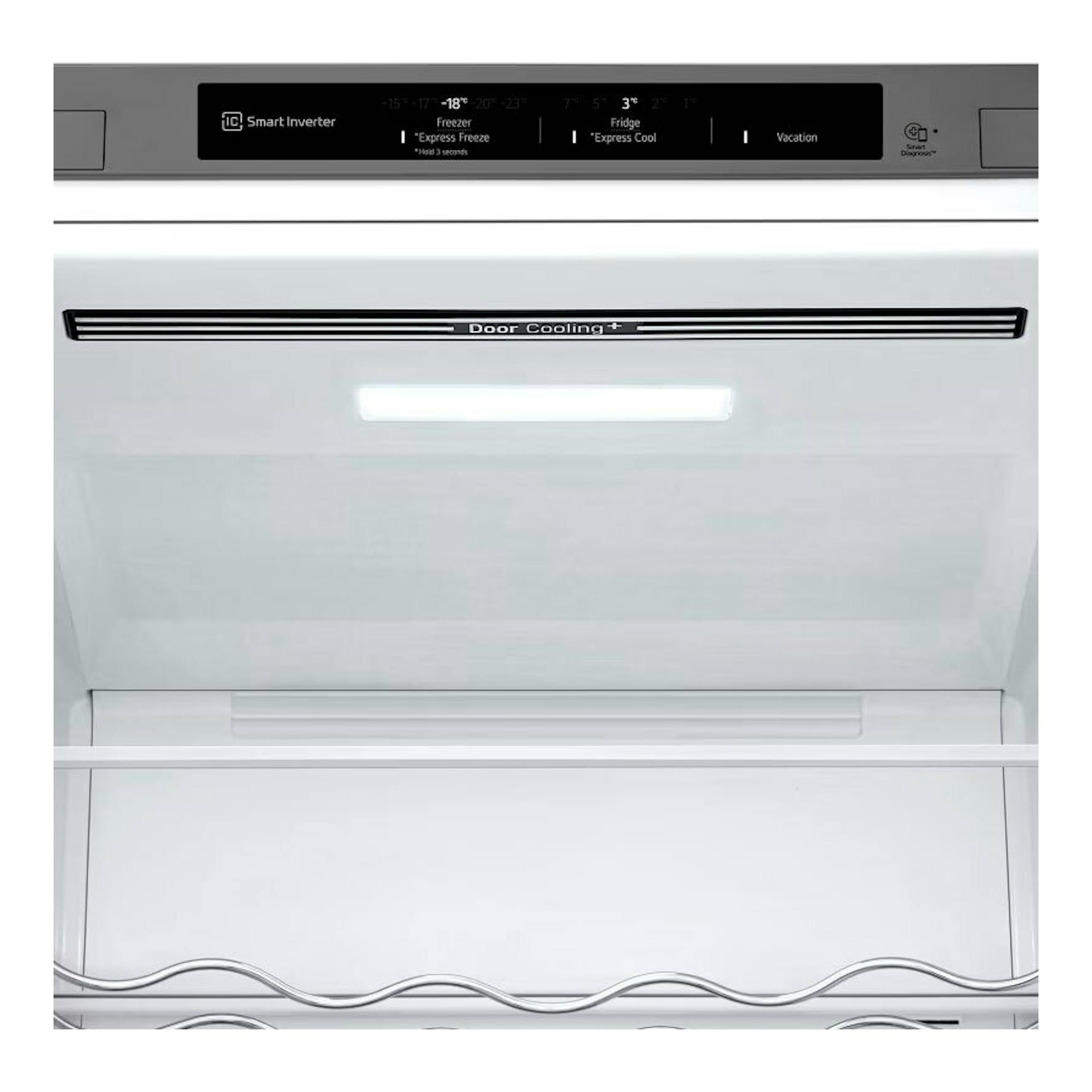 Frigorífico combi LG GBV3200CPY inox, vista frontal del interior con panel superior y cajón inferior.