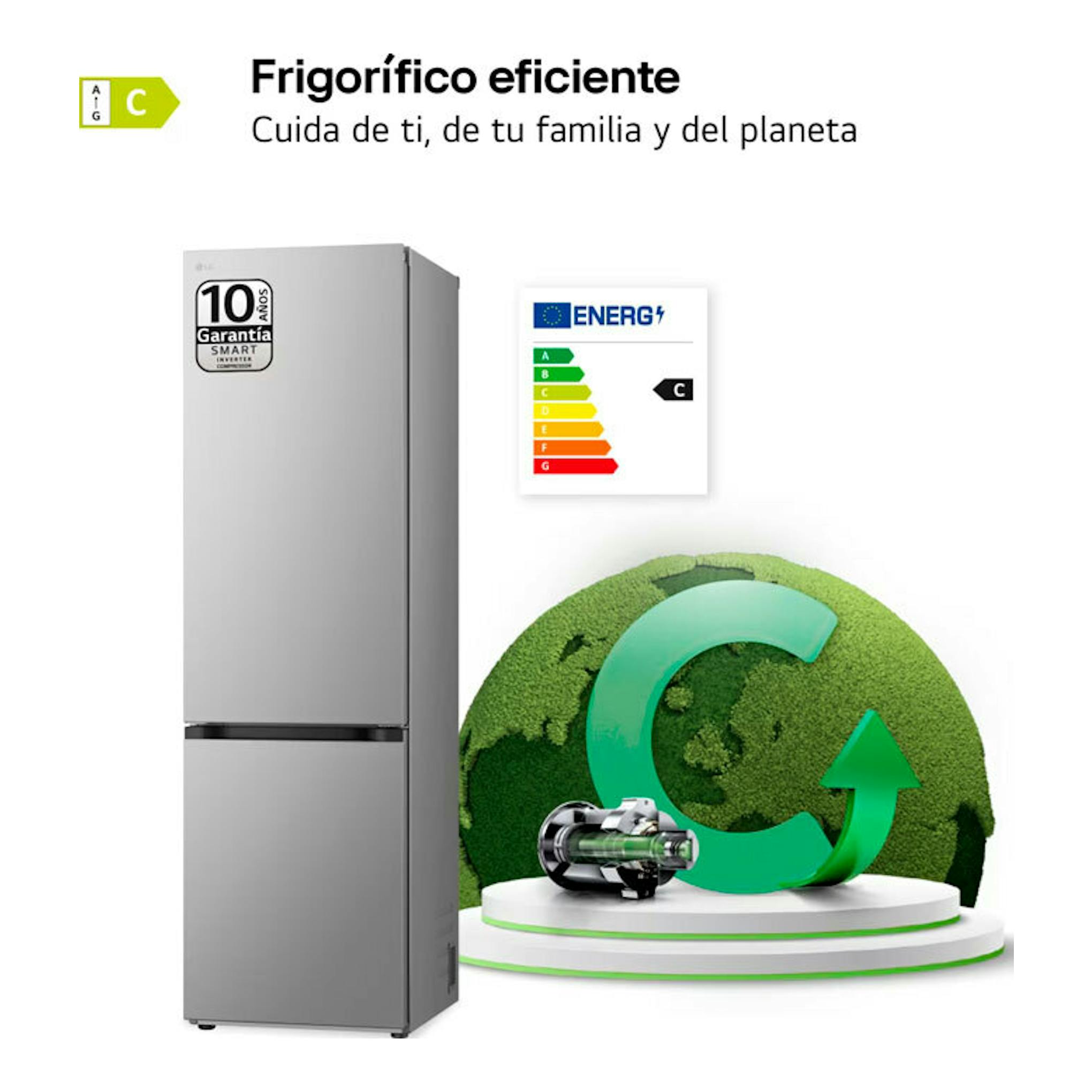 Frigorífico combi LG GBV3200CPY inox, vista frontal, con etiqueta energética C.