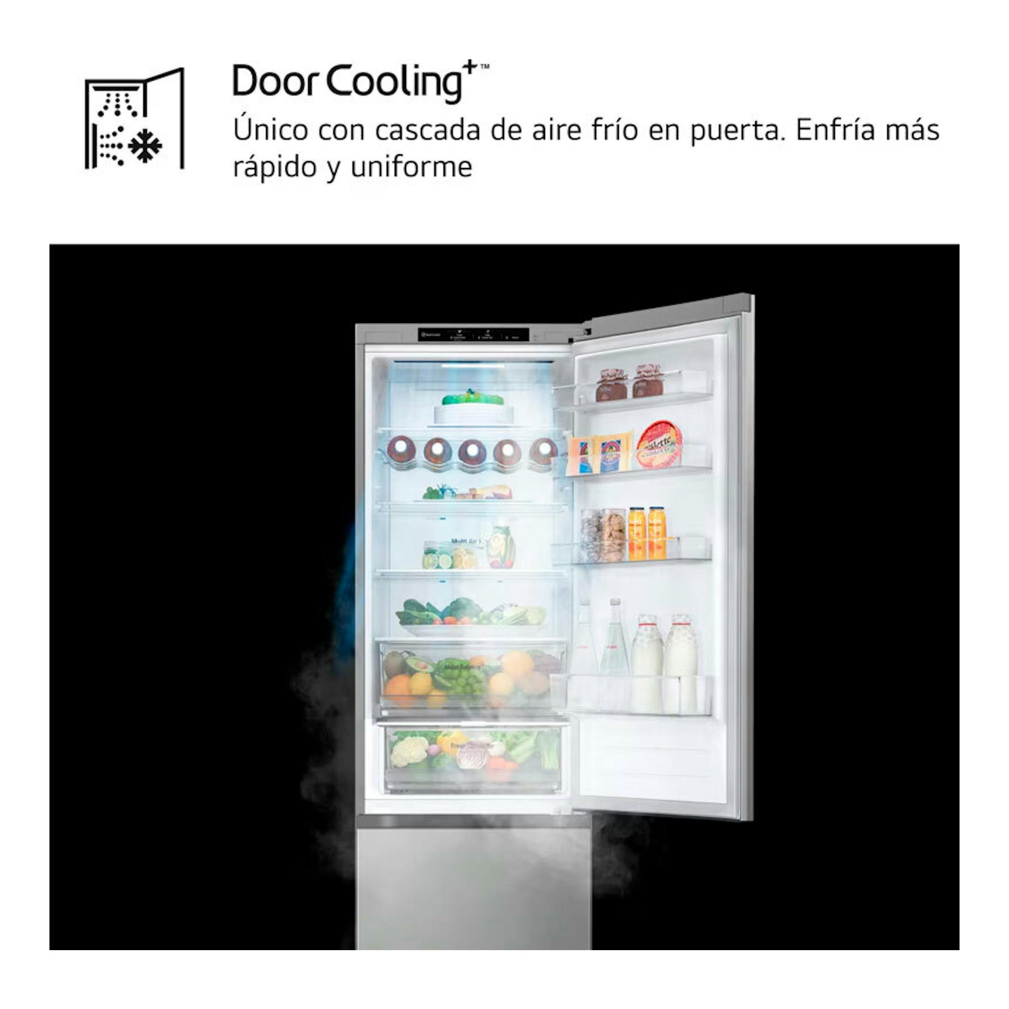Frigorífico combi LG GBV3200CPY inox, puerta abierta, vista frontal del interior.