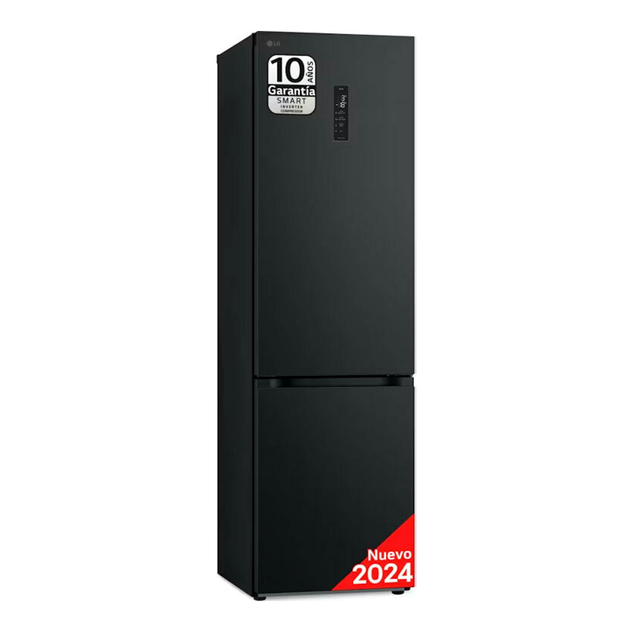 Frigorífico combi LG GBV5250DEP negro, vista frontal en ángulo con panel superior y etiqueta 10 años.