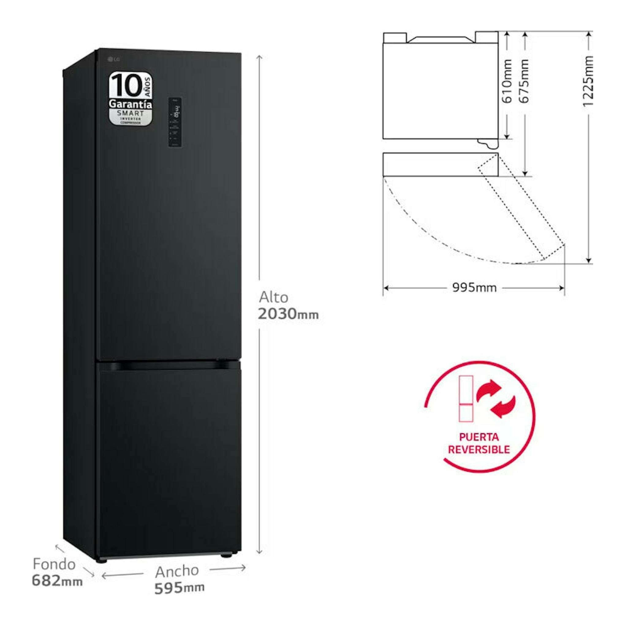 Frigorífico combi LG GBV5250DEP negro, vista frontal, con medidas y puerta reversible.