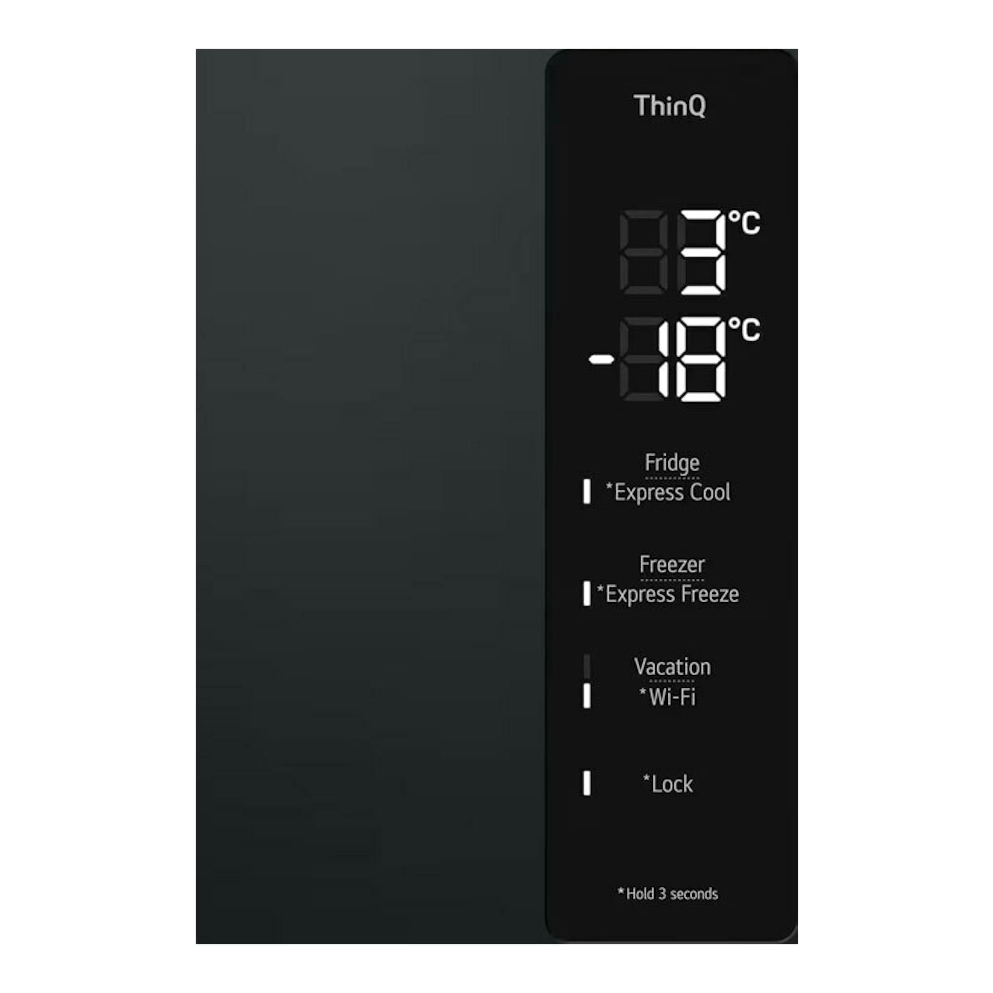 LG GBV5250DEP, panel frontal negro ThinQ de frigorífico con 3°C y -18°C.