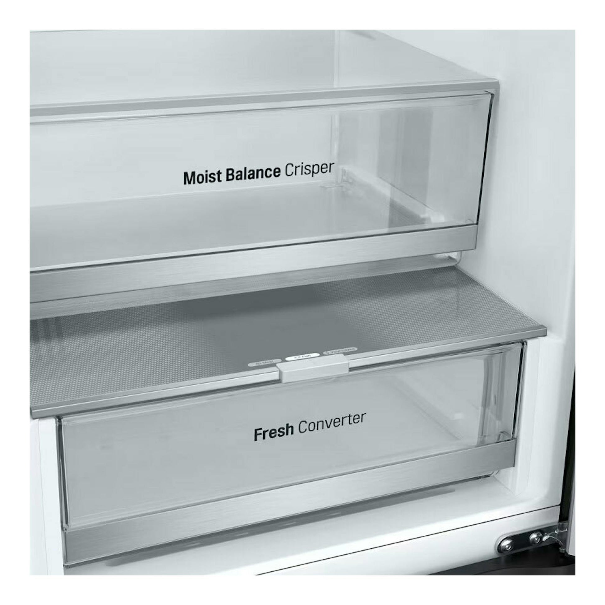 Interior de frigorífico LG GBV5250DEP, con cajones transparentes Moist Balance Crisper y Fresh Converter.