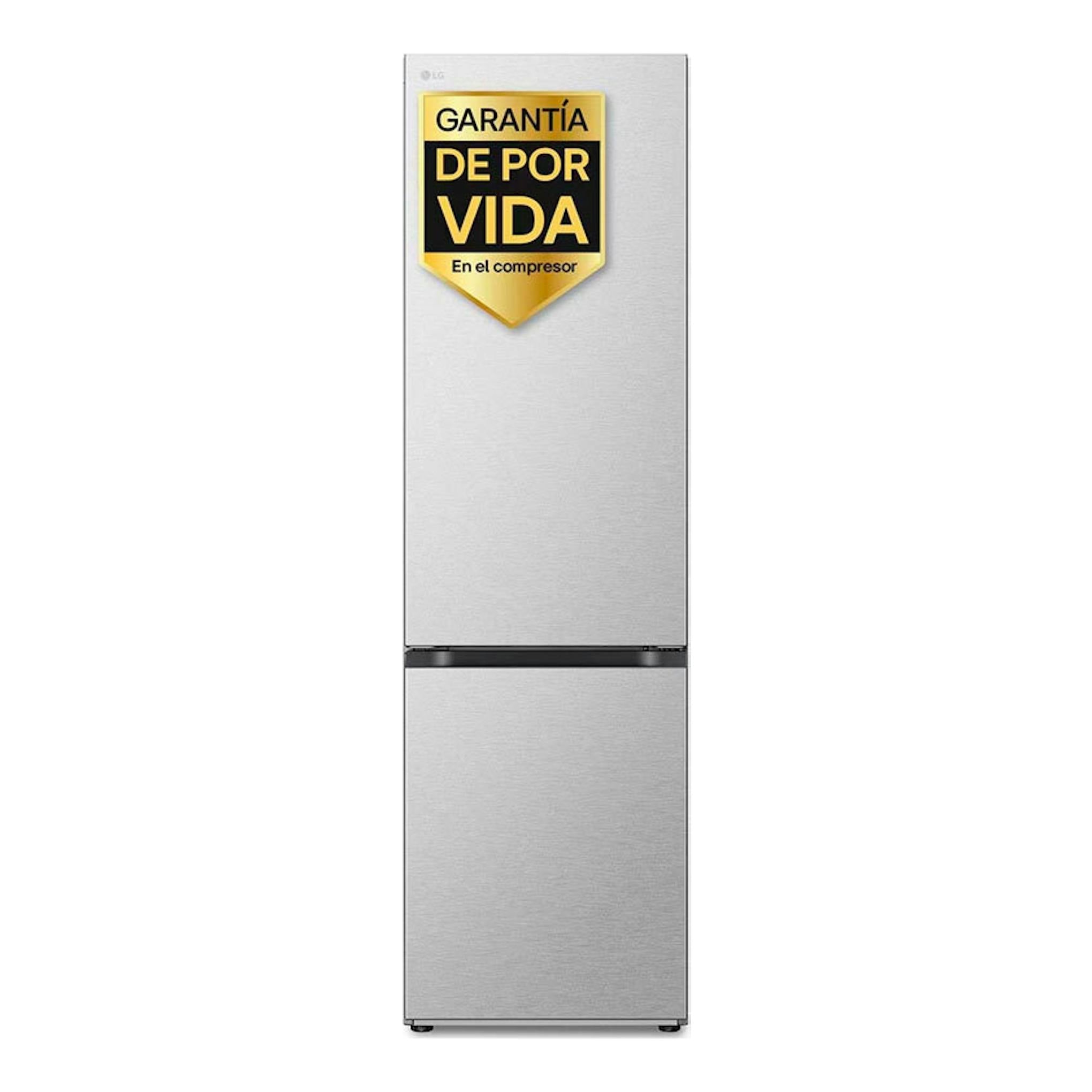 Frigorífico combi LG GBV7280AMB inox, vista frontal, con etiqueta dorada de garantía en el congelador.