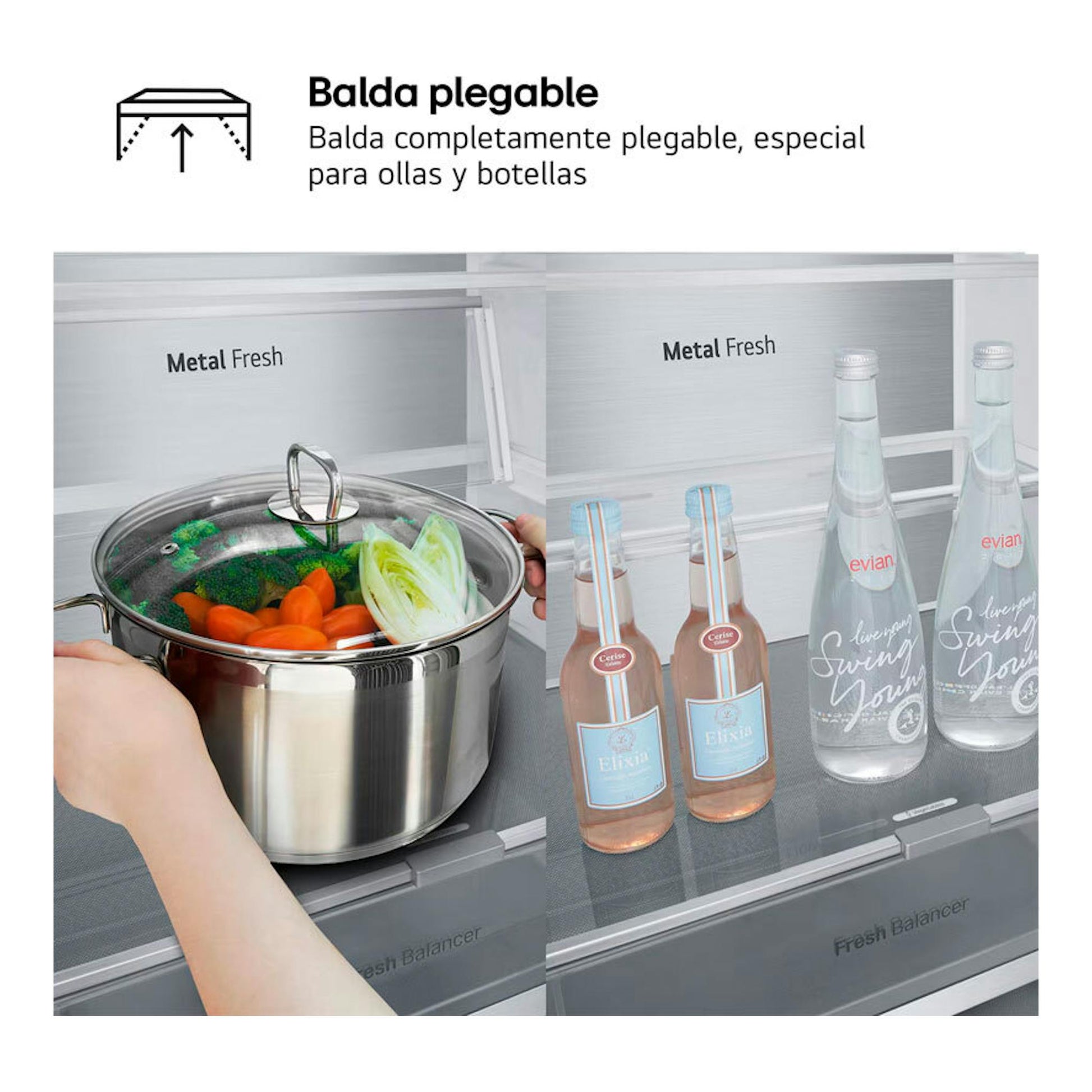 Interior de frigorífico LG GBV7280AMB inox, vista frontal, con balda plegable, olla y botellas.