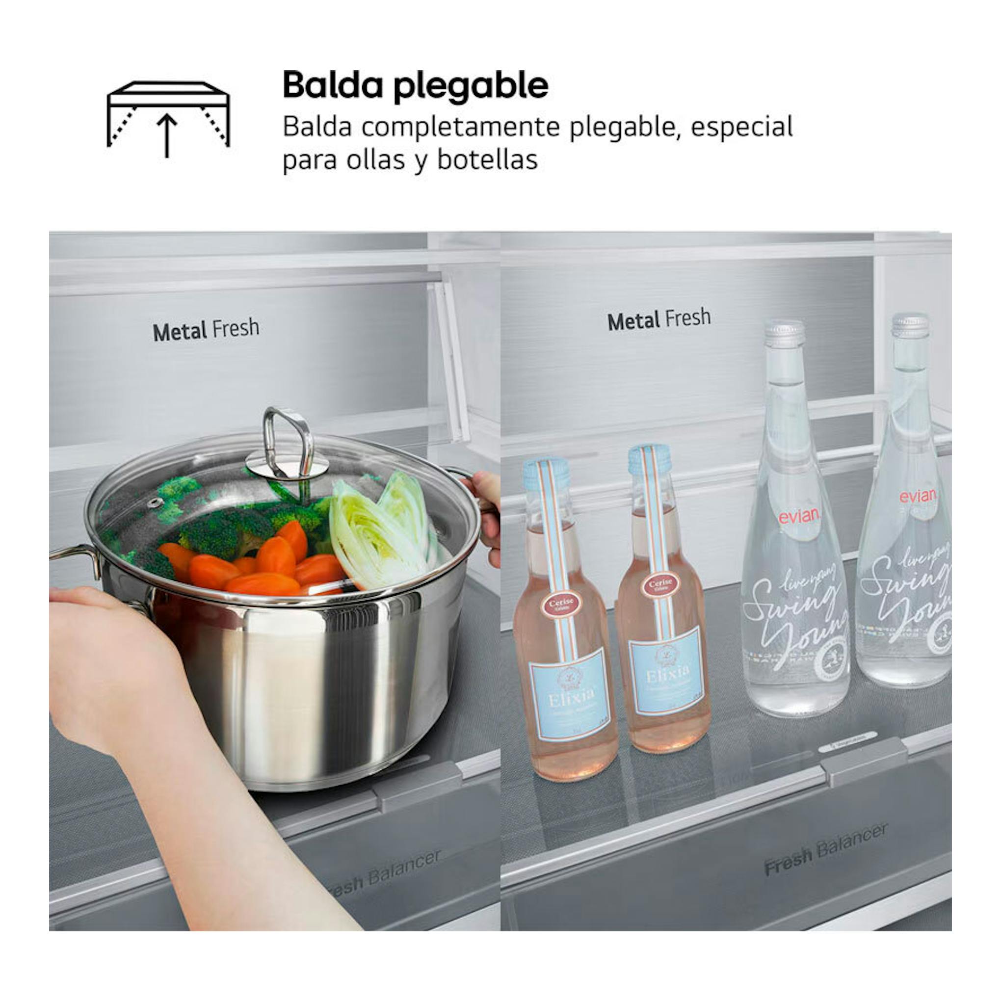 Interior de frigorífico LG GBV7280AMB inox, vista frontal, con balda plegable, olla y botellas.