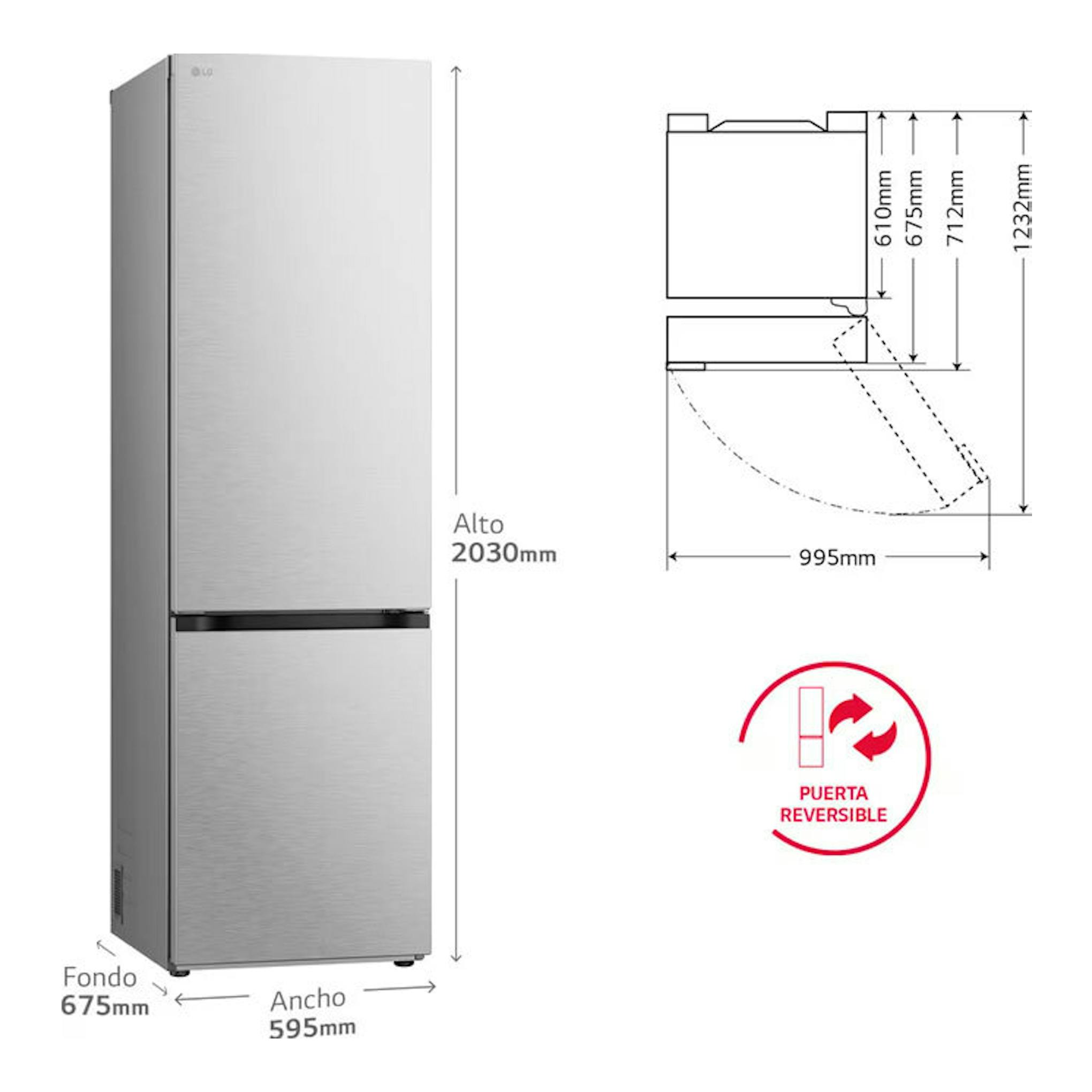 Frigorífico combi LG GBV7280AMB inox, vista frontal, 2030 mm alto, 595 mm ancho, puerta reversible.