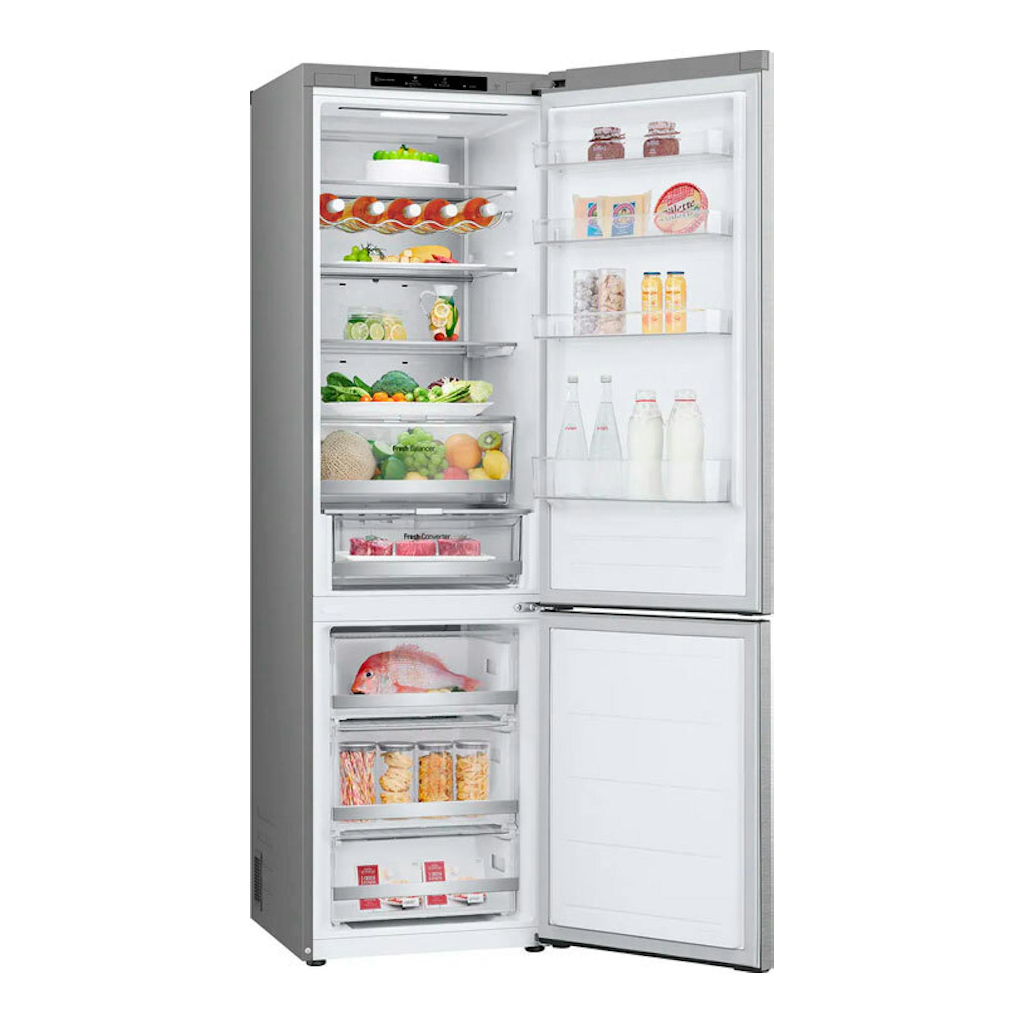 Frigorífico combi LG GBV7280AMB inox, vista frontal con puertas abiertas y compartimentos interiores visibles.