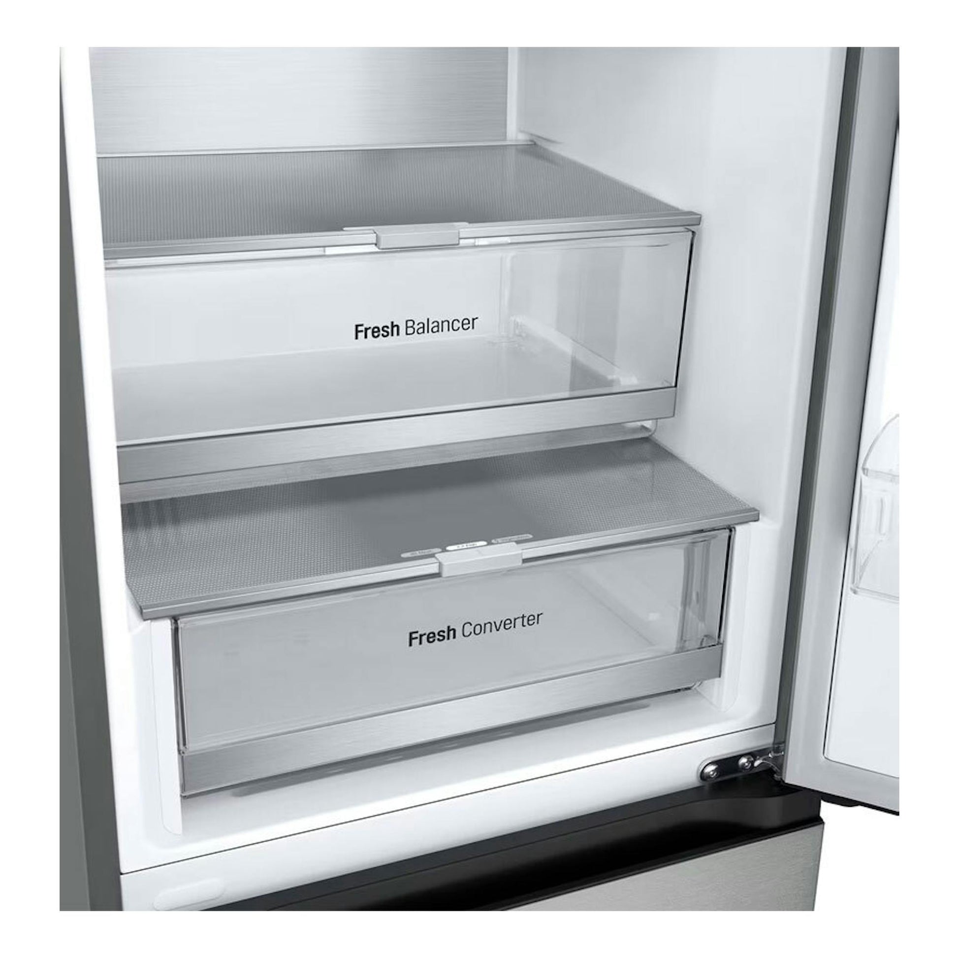 Interior de frigorífico LG GBV7280AMB inox, con cajones Fresh Balancer y Fresh Converter en vista frontal.
