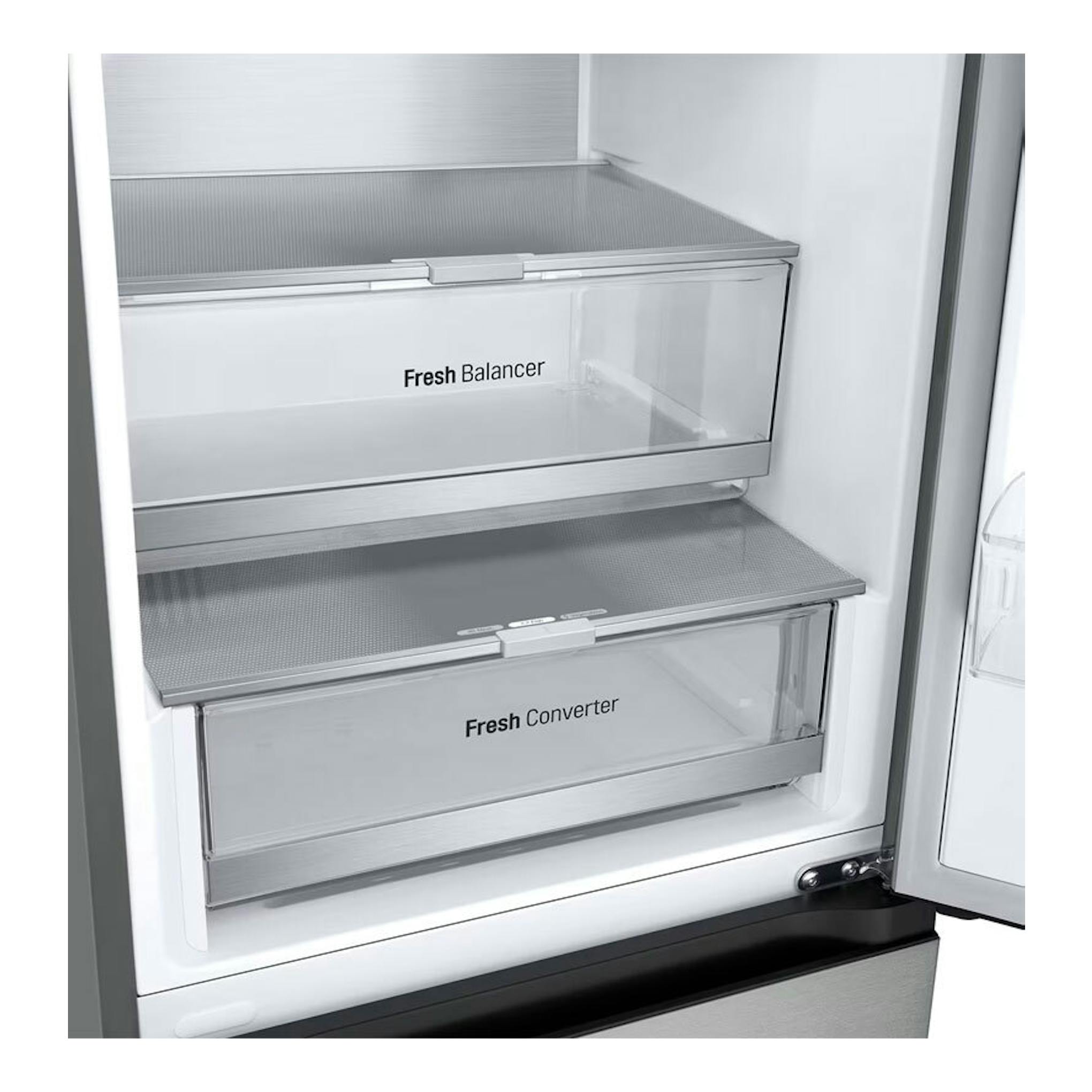 Interior de frigorífico LG GBV7280AMB inox, con cajones Fresh Balancer y Fresh Converter en vista frontal.