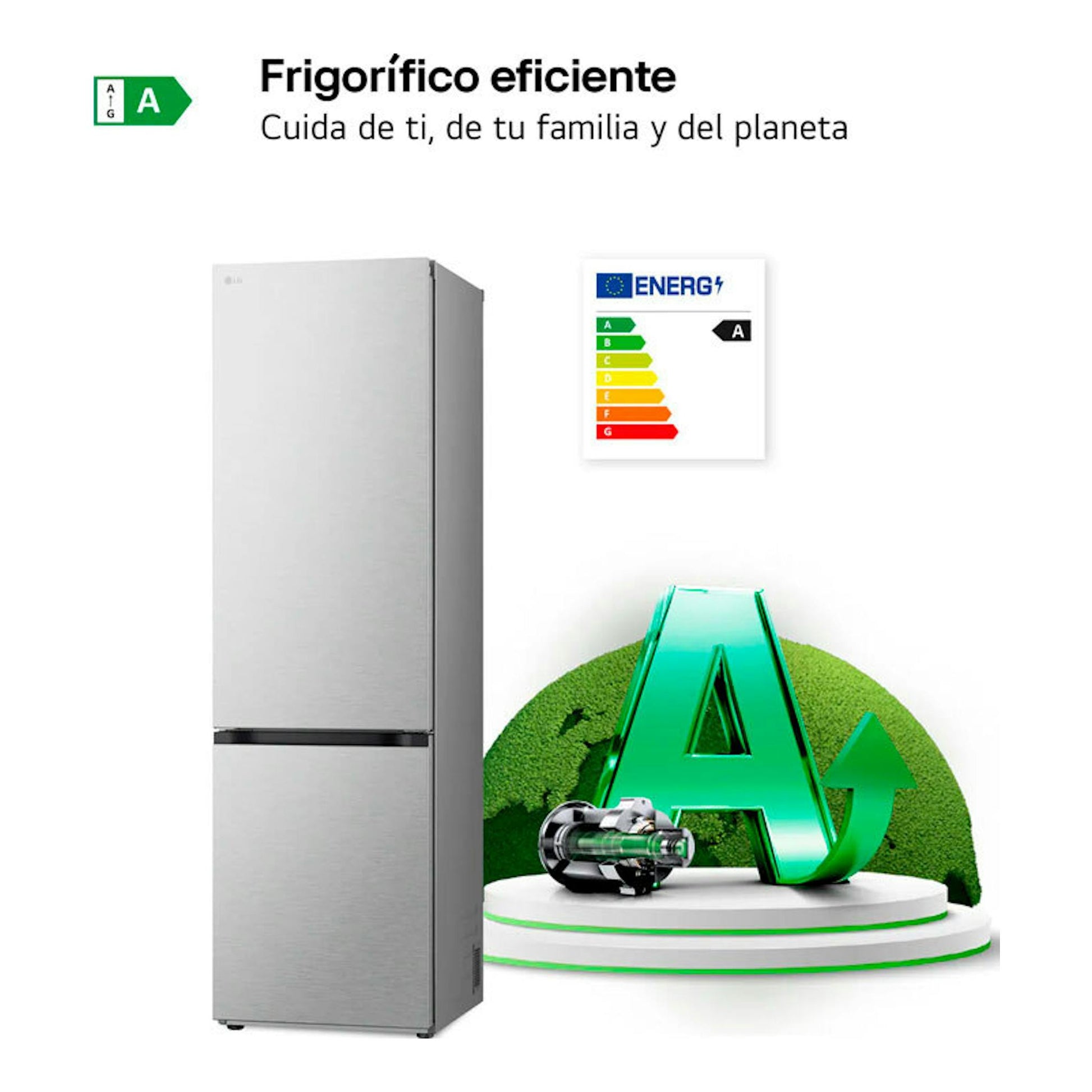 Frigorífico combi LG GBV7280AMB inox, vista frontal, con etiqueta energética A.