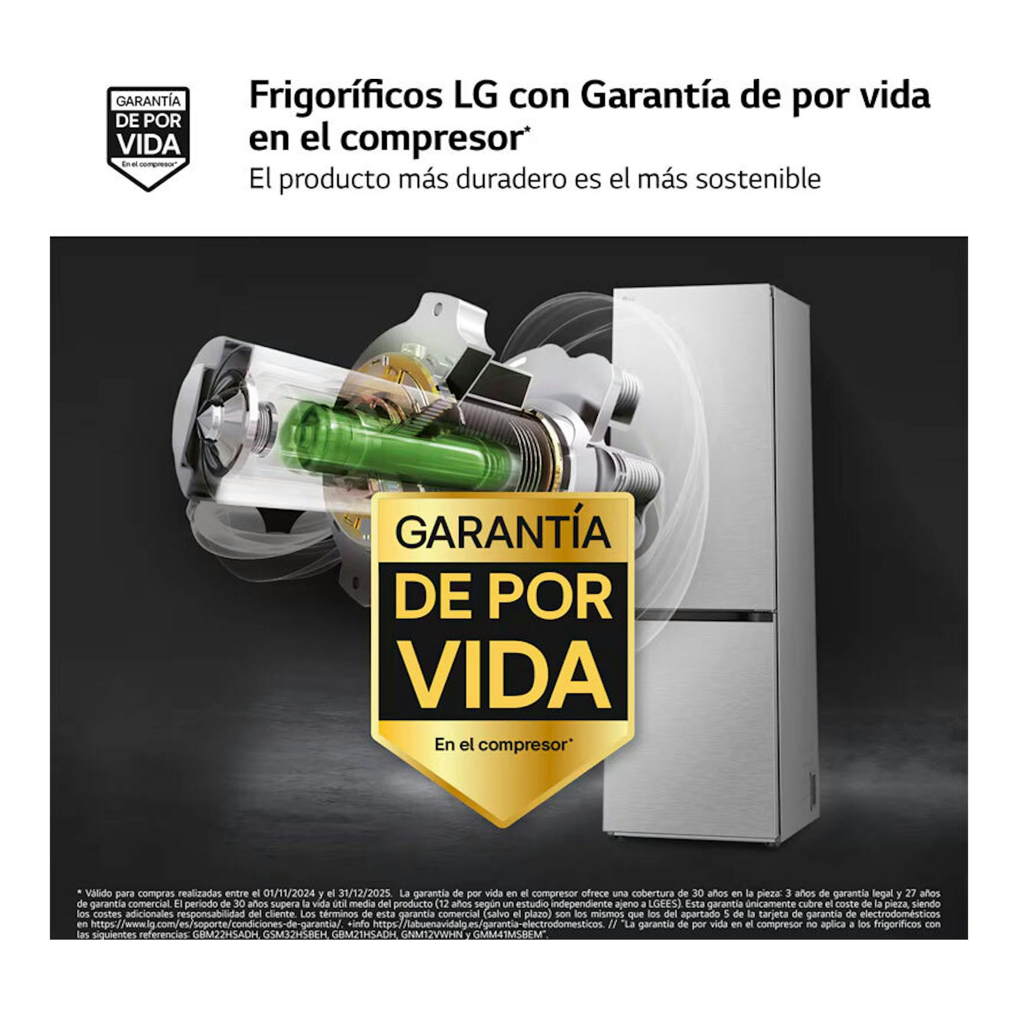 Imagen promocional del frigorífico combi LG GBV7280AMB inox, vista frontal, con compresor y sello de garantía.