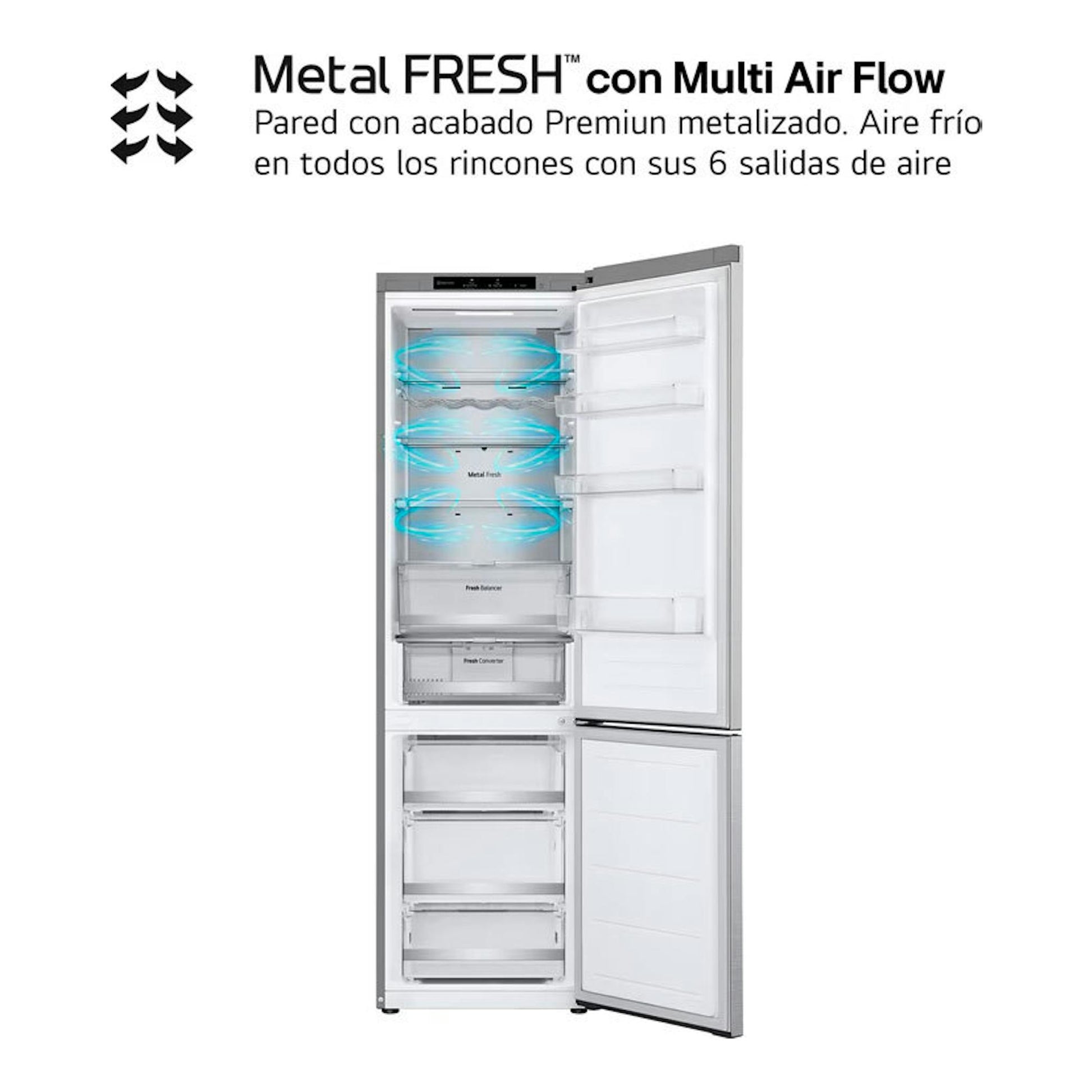 Frigorífico combi LG GBV7280AMB inox, vista frontal con puertas abiertas e interior visible.