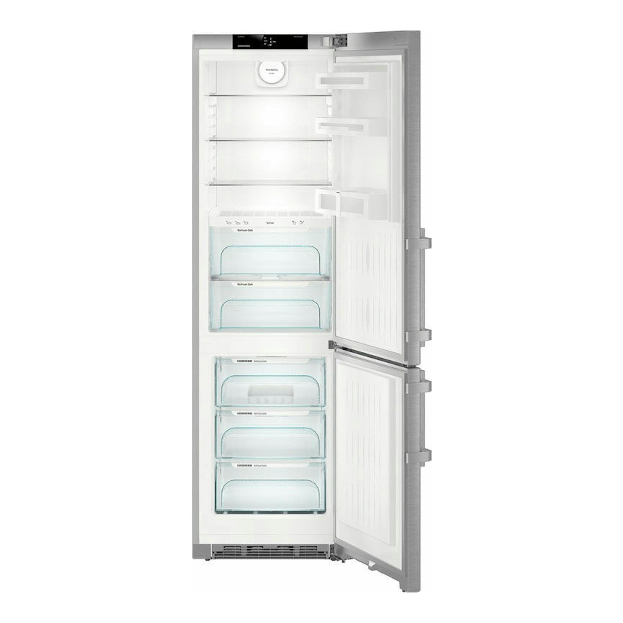 Frigorífico combi Liebherr CBNef-4835-21 001 inox, vista frontal con puertas abiertas.