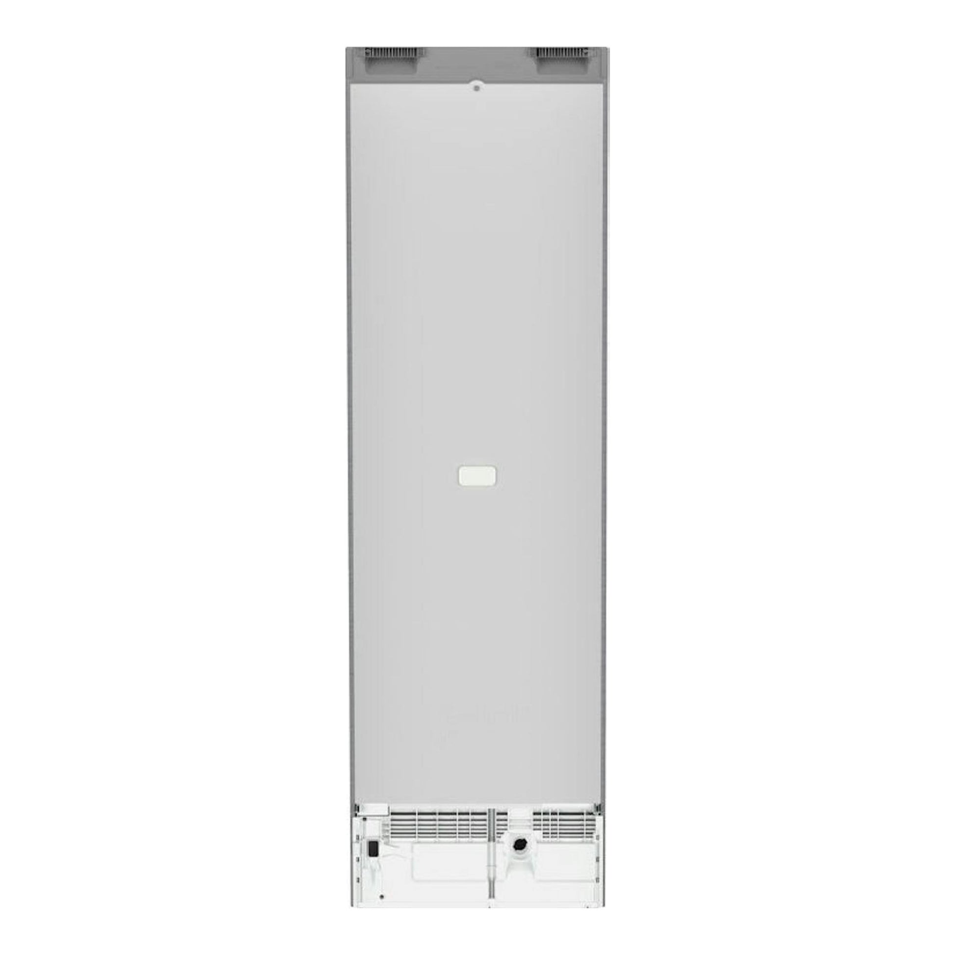 Liebherr CBNstc 579i-20 001 en inox, vista trasera de frigorífico combi integrado, panel posterior plateado.