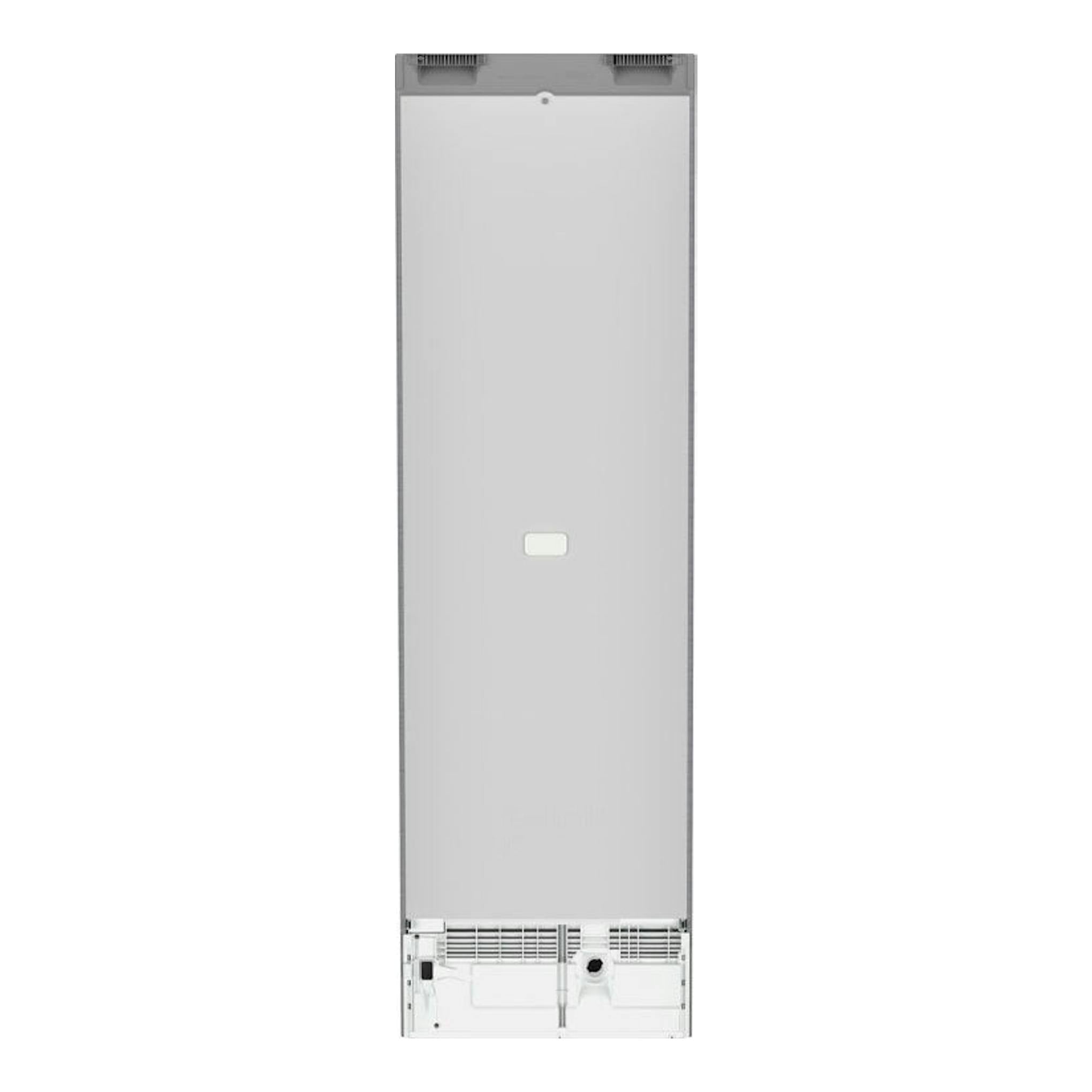 Liebherr CBNstc 579i-20 001 en inox, vista trasera de frigorífico combi integrado, panel posterior plateado.