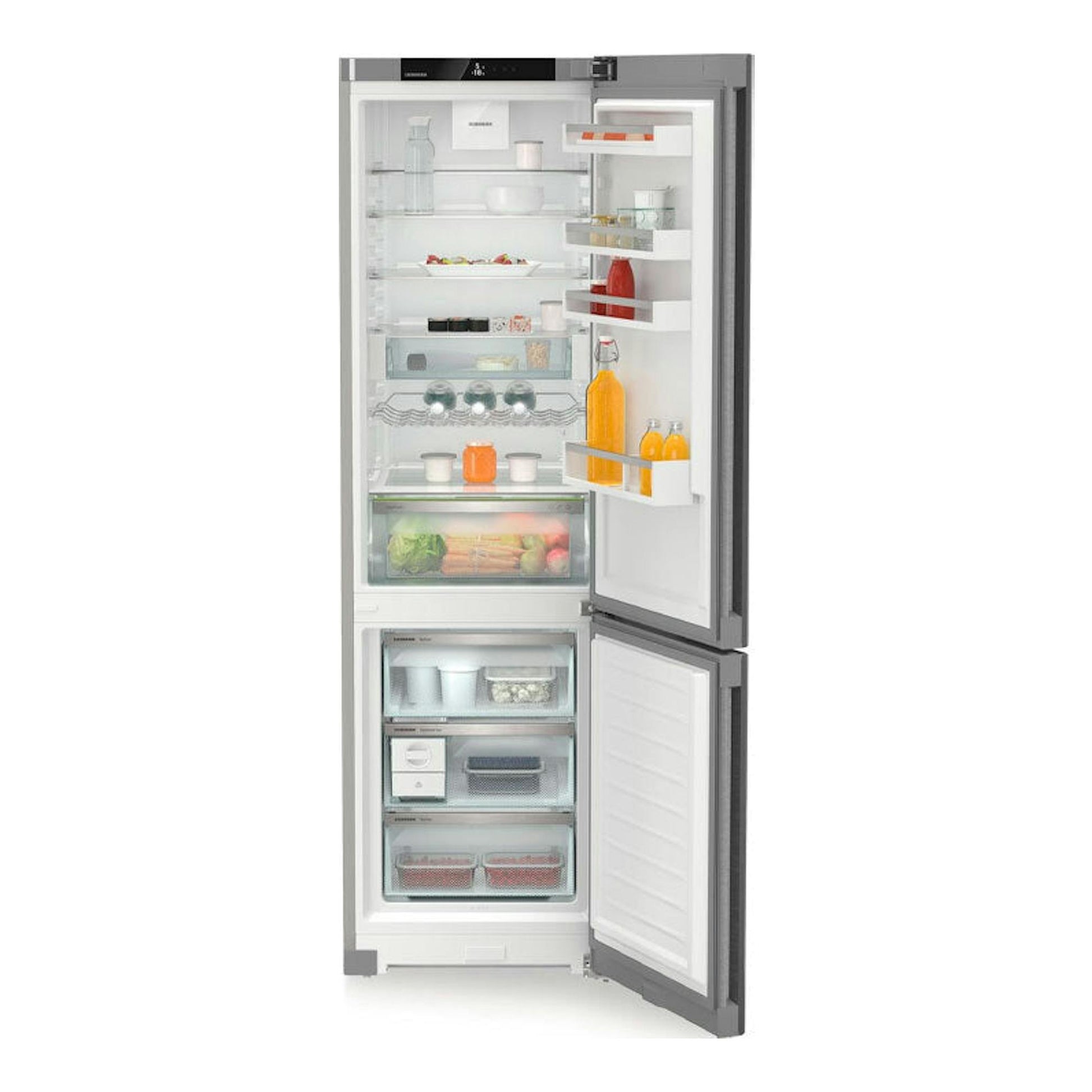 Frigorífico combi Liebherr CNsdb 5723 inox, vista frontal con puertas abiertas y compartimentos visibles.