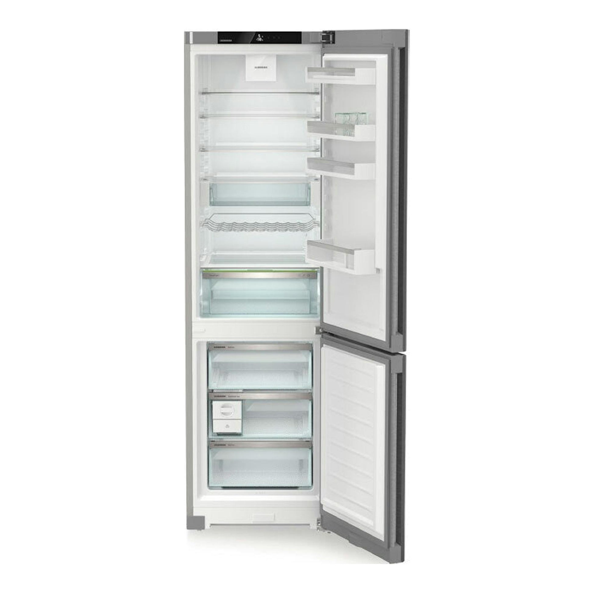 Frigorífico combi Liebherr CNsdb 5723 001 22 inox, vista frontal con puertas abiertas