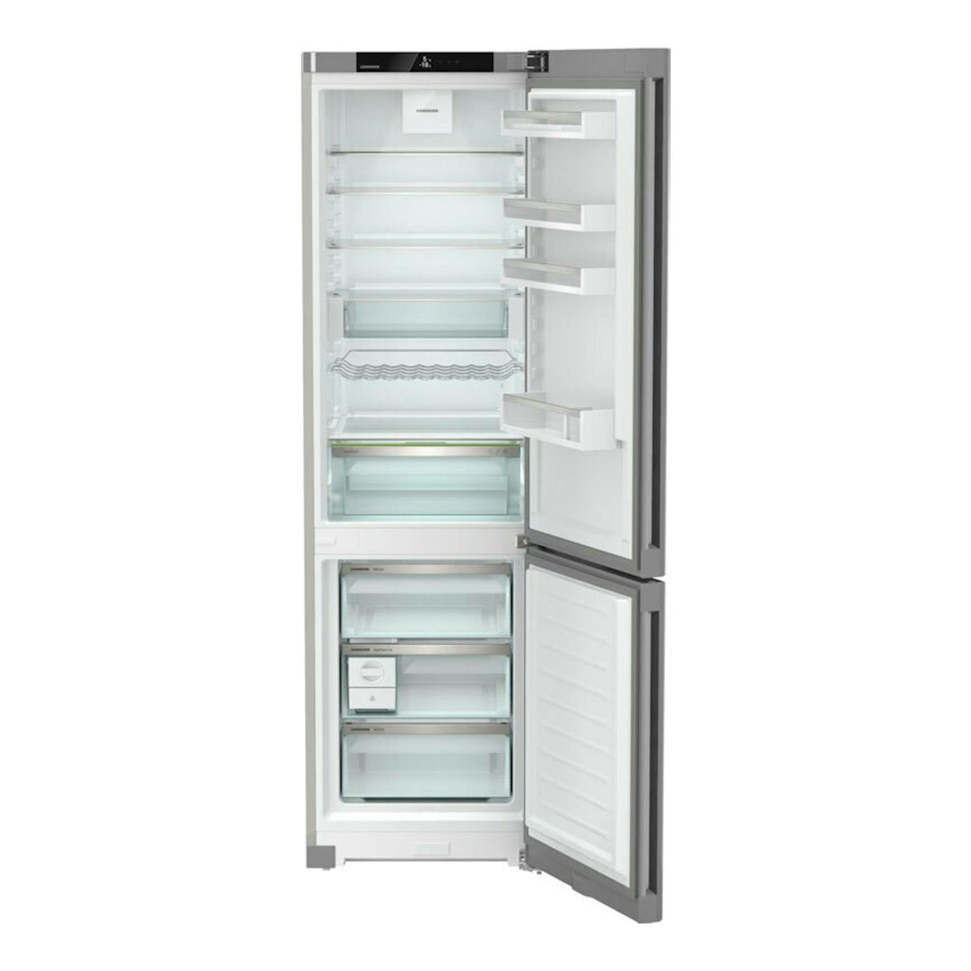 Frigorífico combi Liebherr CNsfd 5723-20 001 inox, vista frontal con puertas abiertas y compartimentos vacíos.