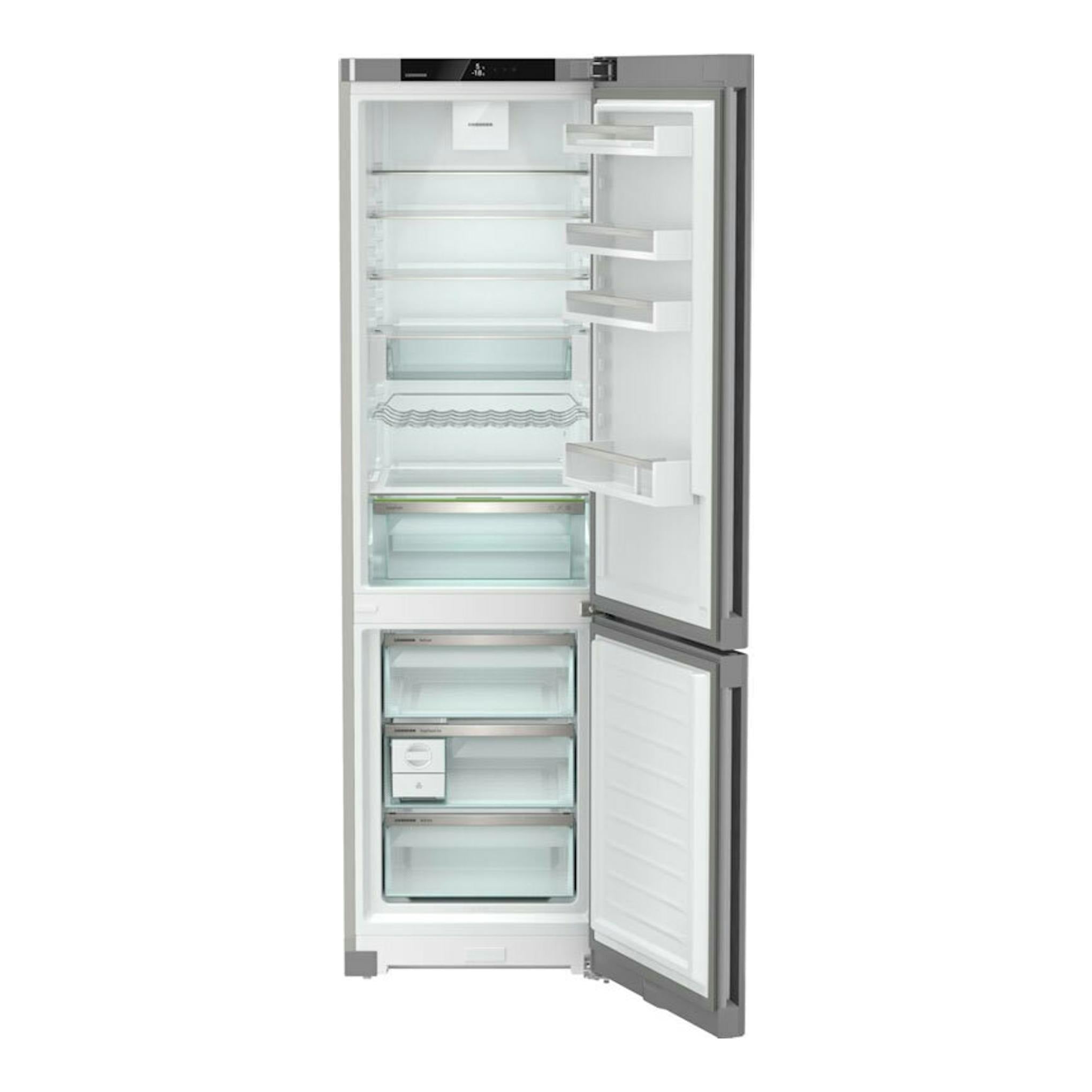 Frigorífico combi Liebherr CNsfd 5723-20 001 inox, vista frontal con puertas abiertas y compartimentos vacíos.