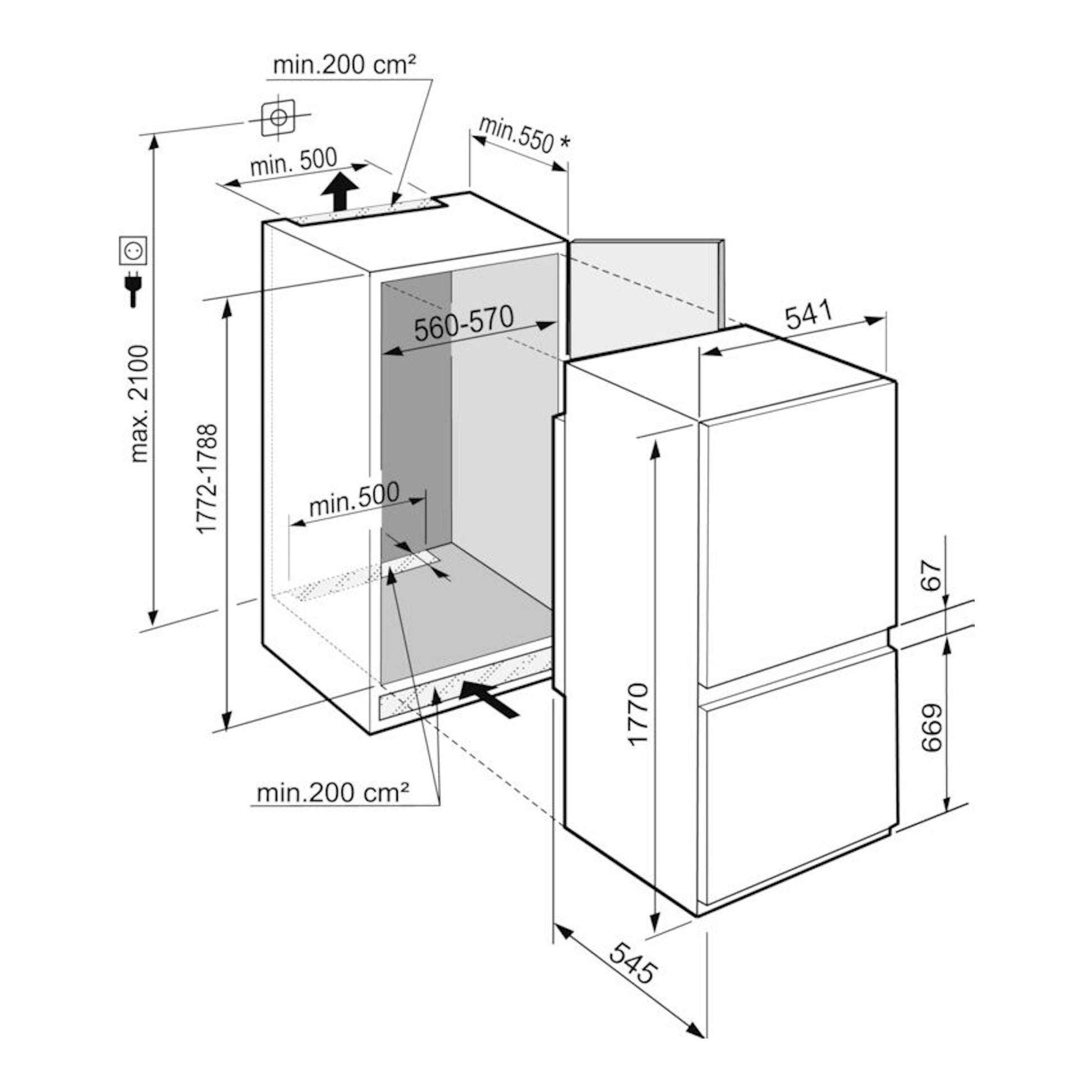 Diagrama de instalación del frigorífico combi Liebherr ICNSf5103-20 001 O, vista frontal y lateral.