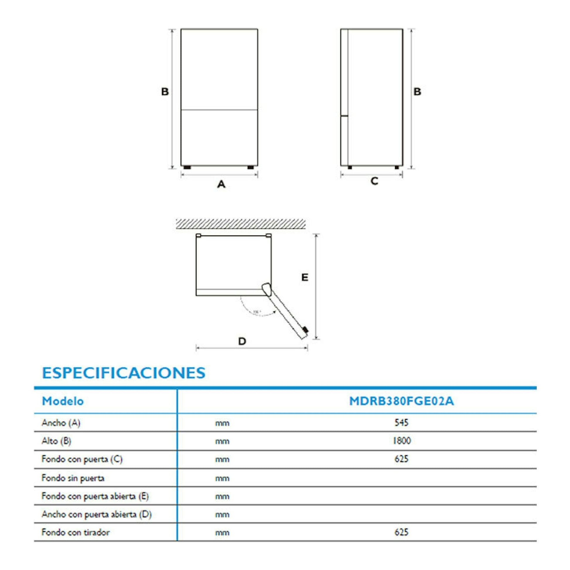 Esquema técnico del frigorífico combi Midea MDRB380FGE02A inox, vistas frontal y lateral con medidas.