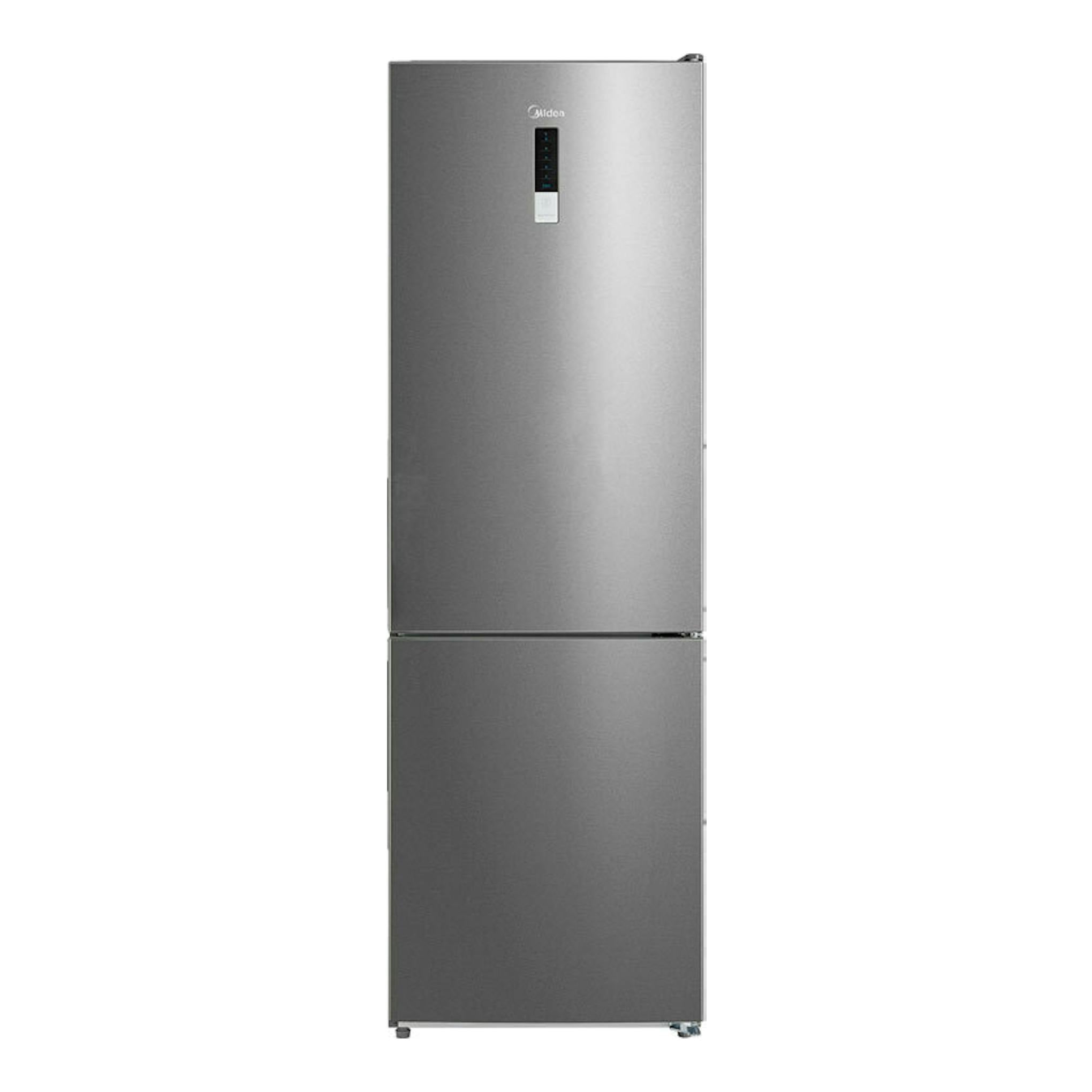 Frigorífico combi Midea MDRB424FGE02OE inox, vista frontal, con dos puertas.