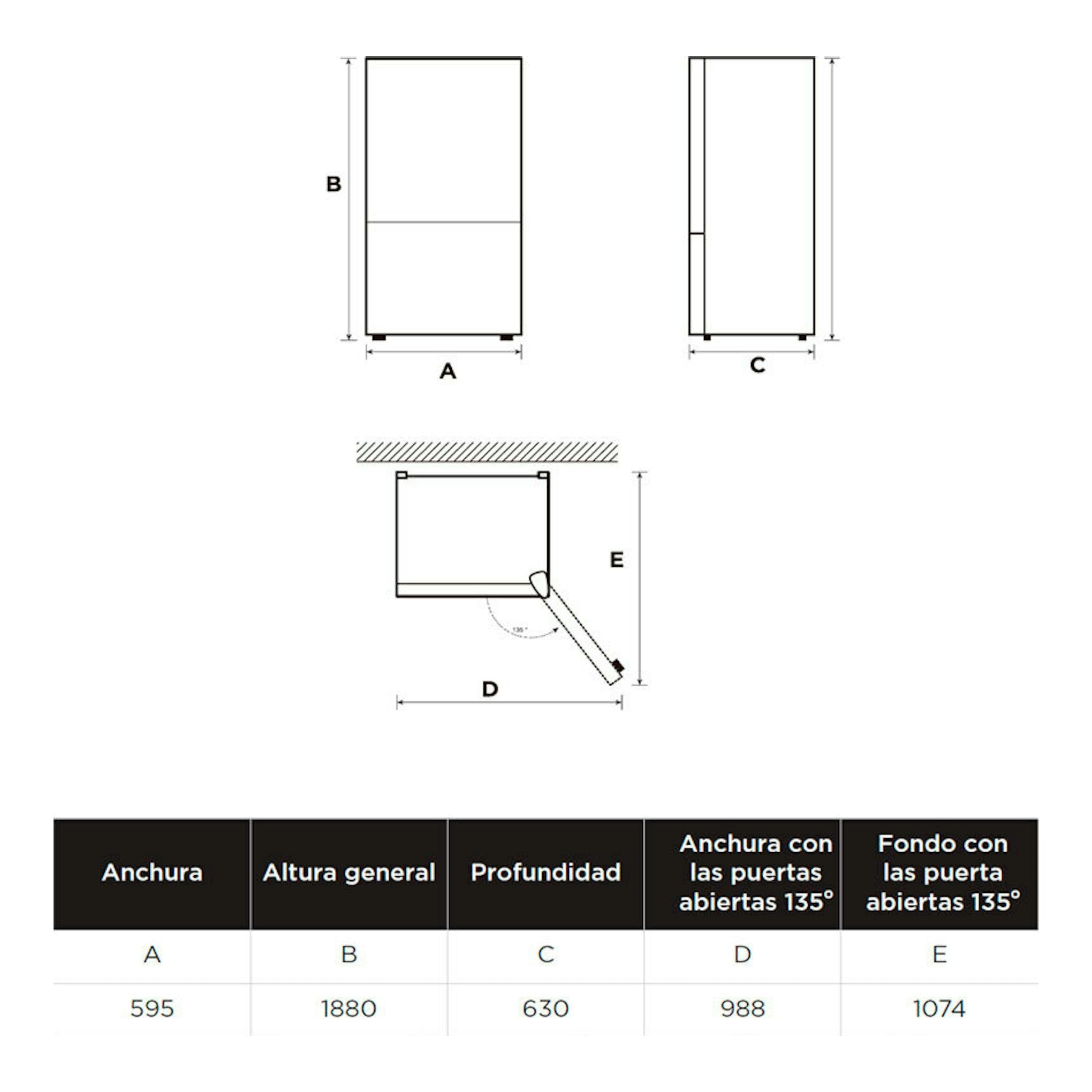Esquema de medidas del frigorífico combi Midea MDRB424FGE02OE en inox, con vistas frontal y lateral.