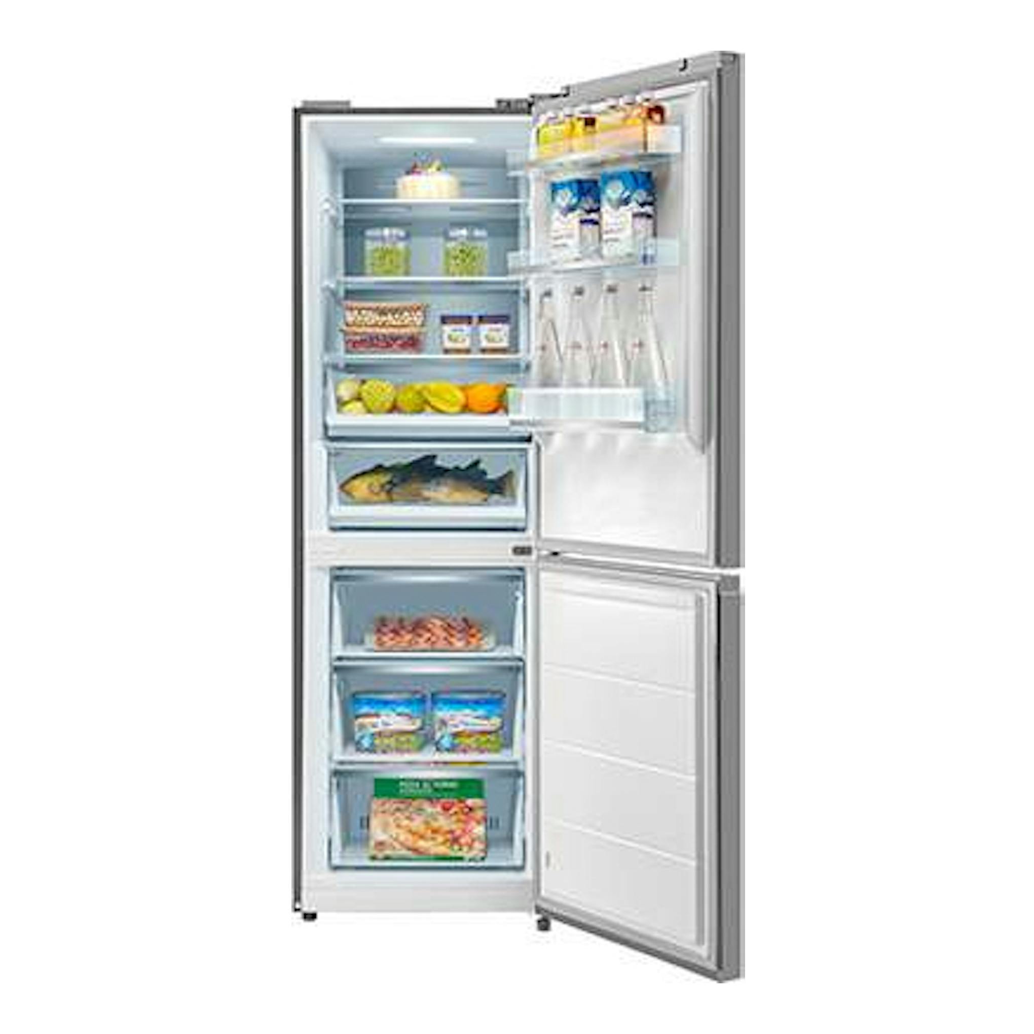 Frigorífico combi Midea MDRB470MID02 inox, vista frontal abierta, con compartimentos y alimentos.