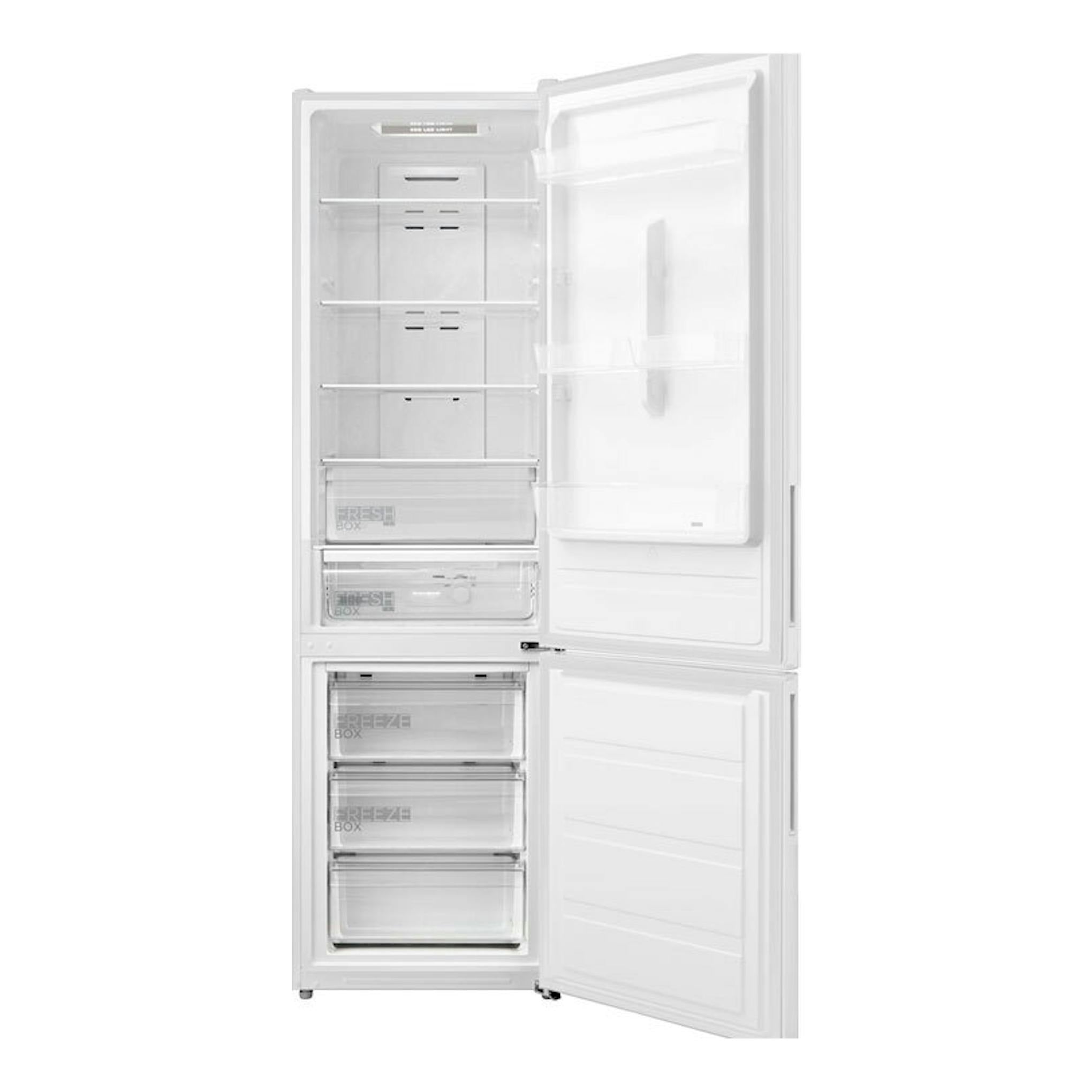 Frigorífico combi Midea MDRB489FGE01OE blanco, vista frontal con puertas abiertas.