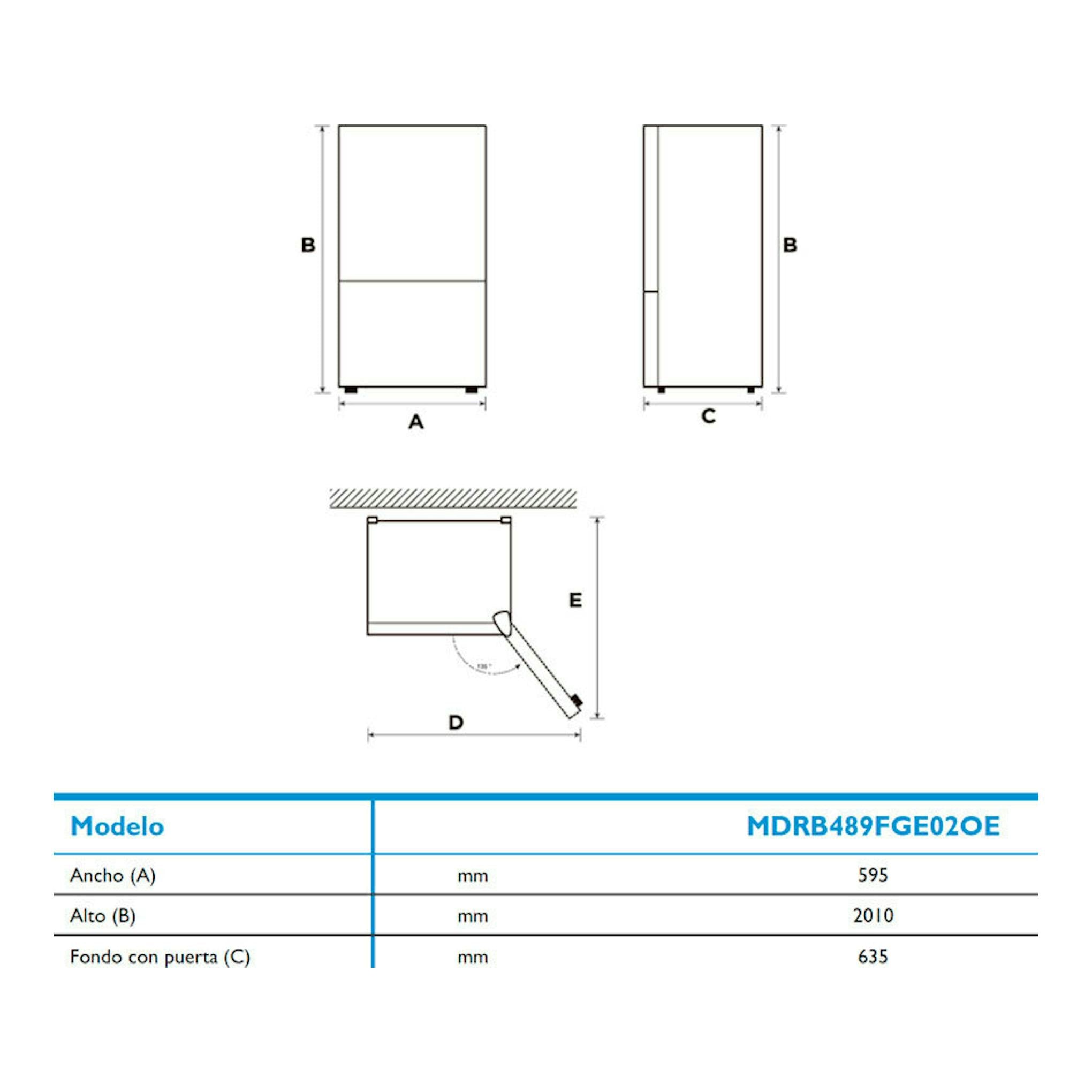 Diagrama técnico del frigorífico combi Midea MDRB489FGE02OE, con vistas frontal y lateral y medidas.