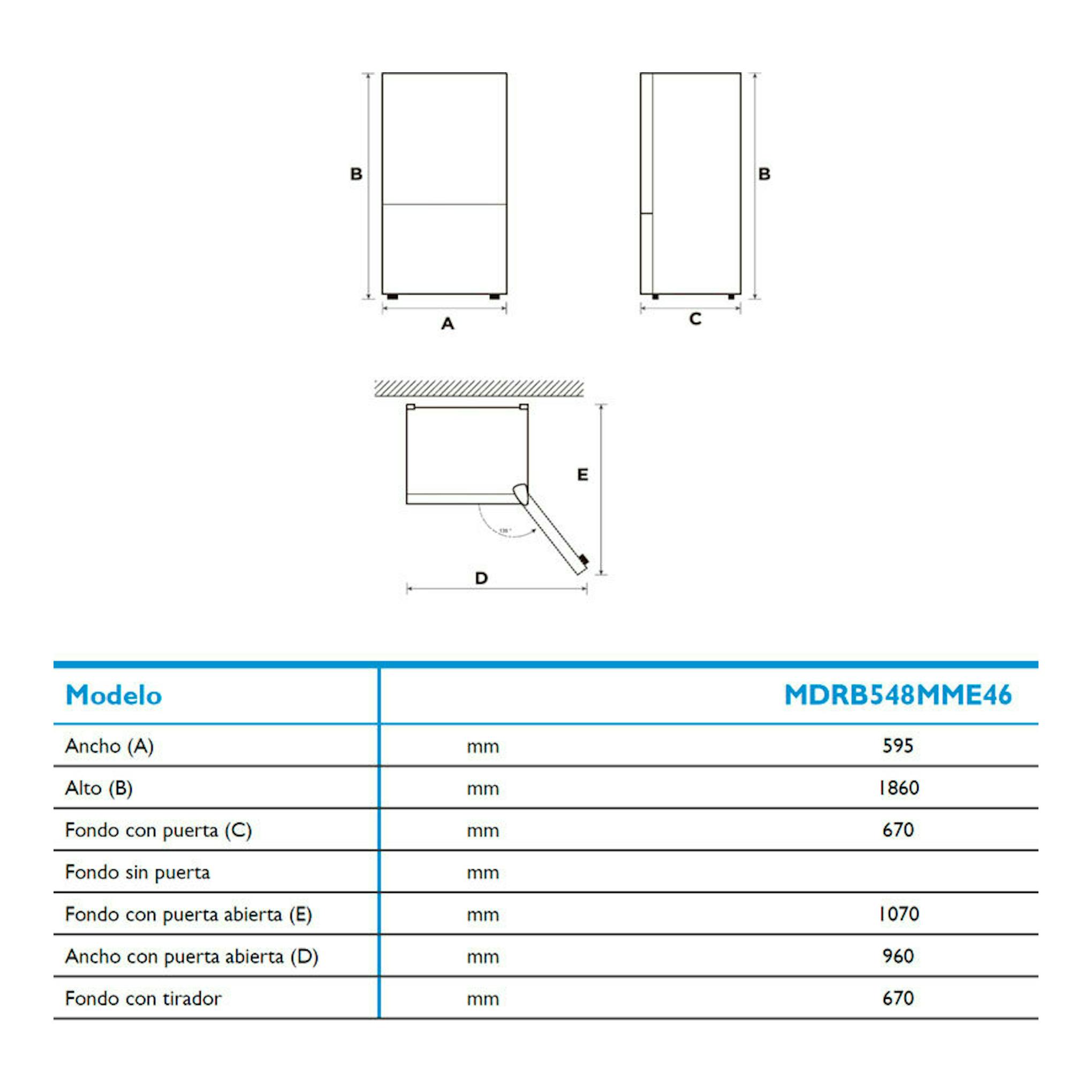 Esquema técnico del frigorífico combi Midea MDRB548MME46 inox, con vistas frontal, lateral y puerta abierta.