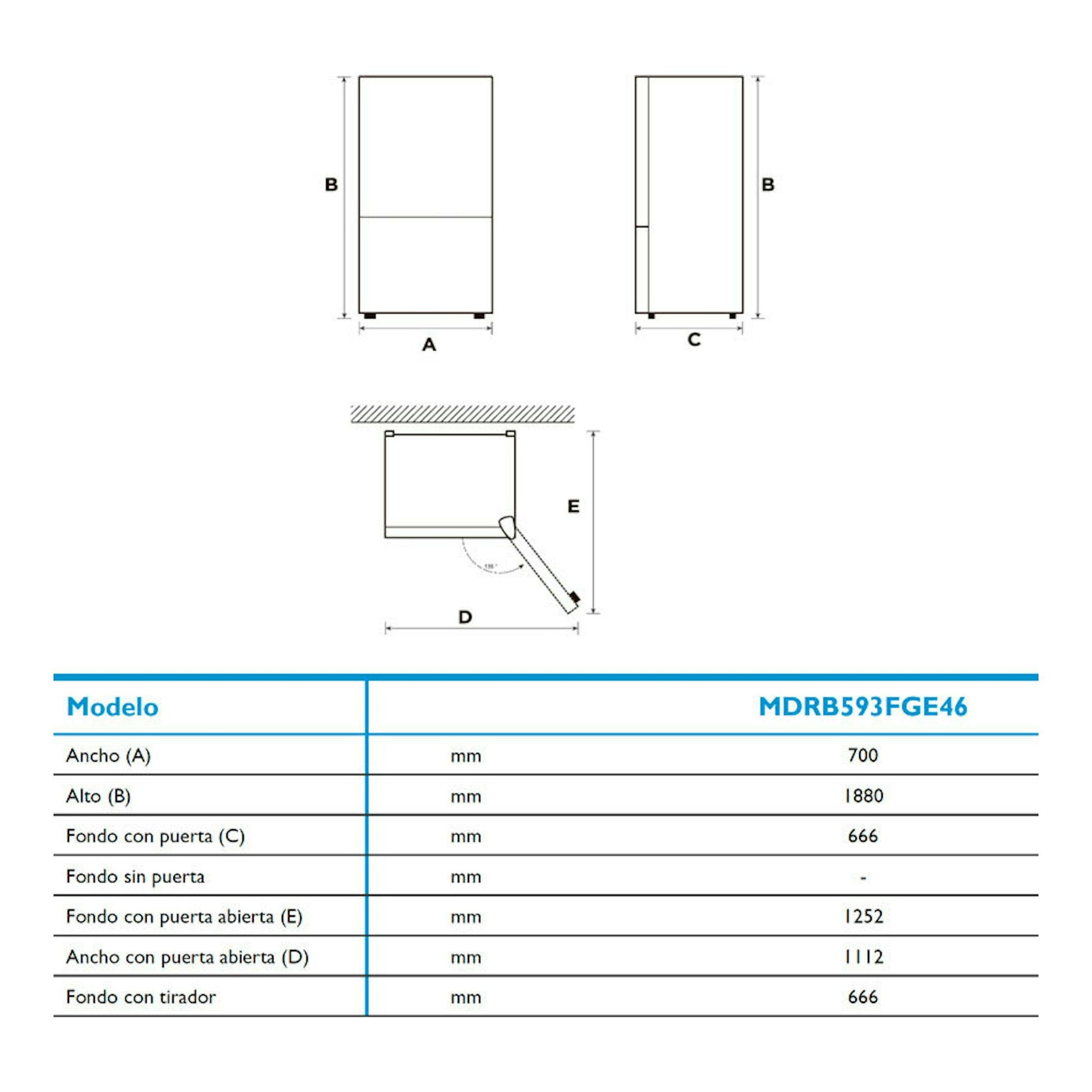 Diagrama técnico del frigorífico combi Midea MDRB593FGE46 en inox, con vistas frontal, lateral y puerta abierta.