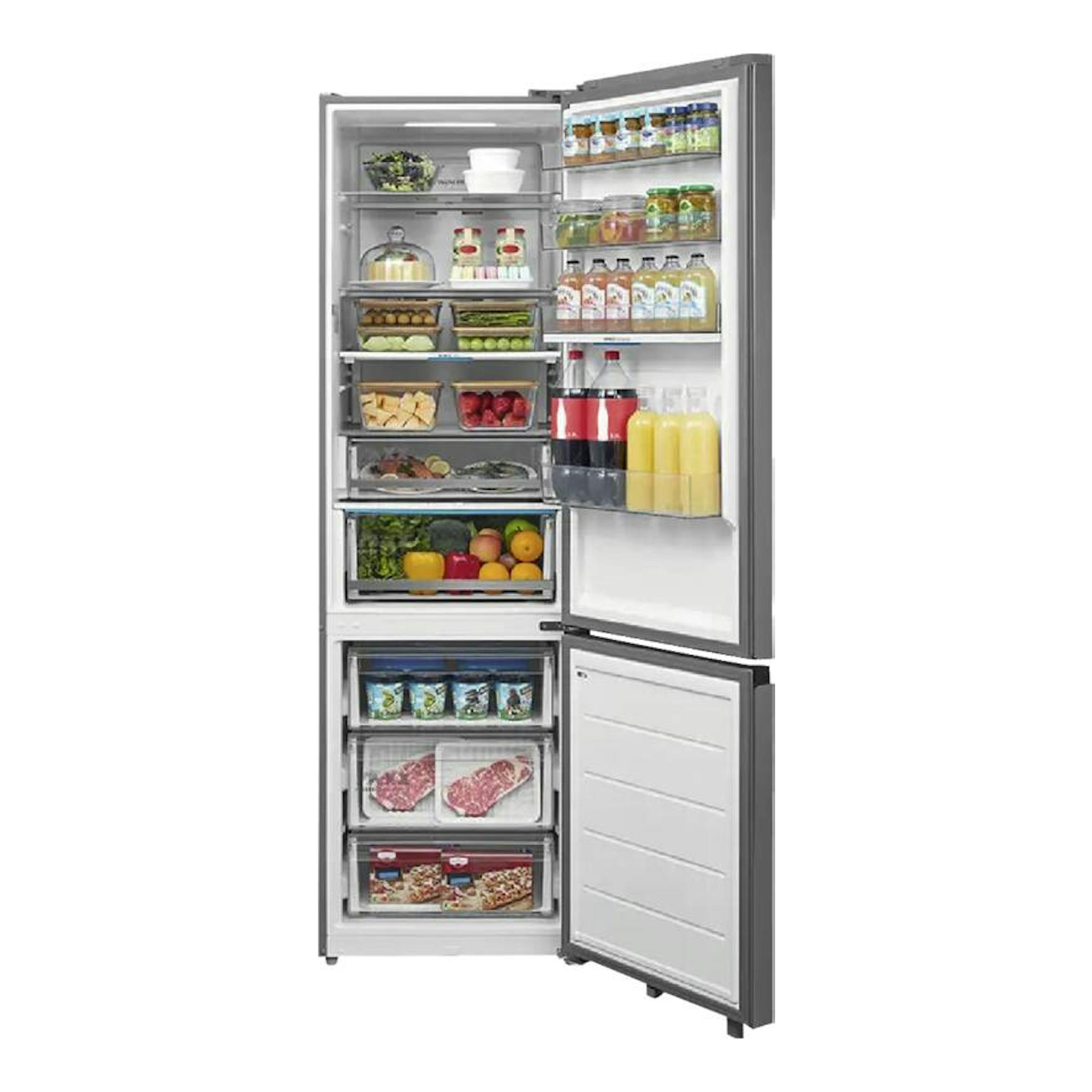 Frigorífico combi Midea MDRB600MIC46P en inox, visto de frente con puertas abiertas y alimentos dentro.