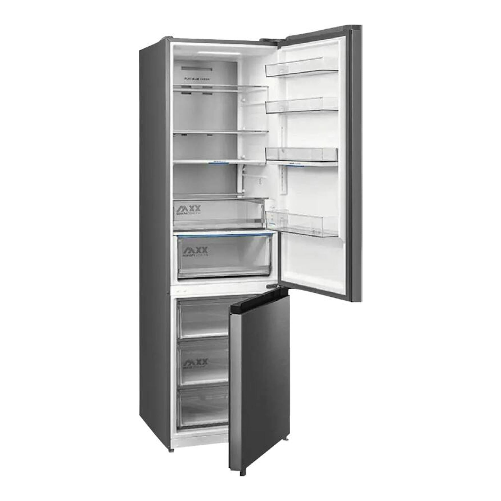 Frigorífico combi Midea MDRB600MIC46P inox, vista frontal con puertas abiertas y cajones visibles.
