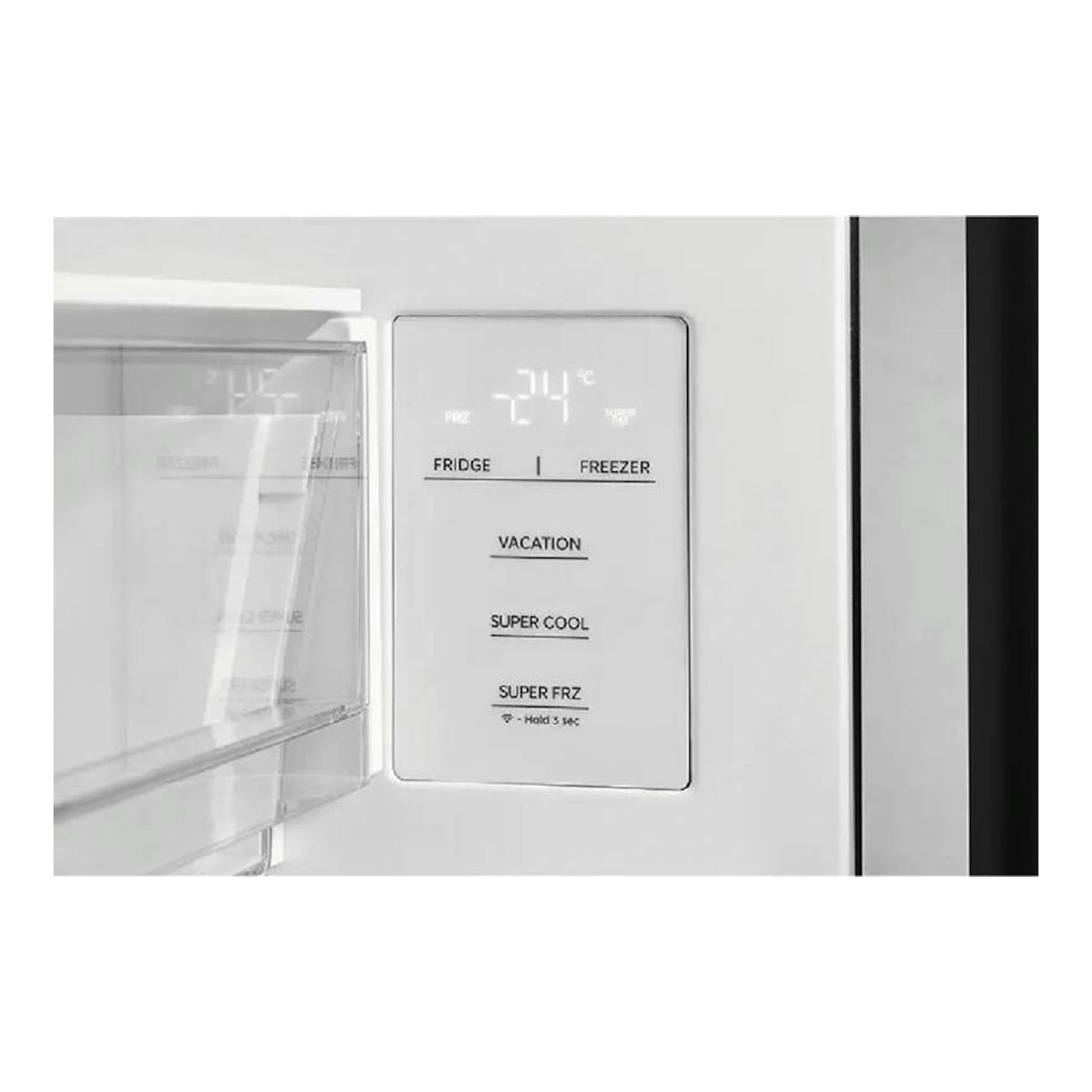Panel táctil de frigorífico combi Midea MDRB600MIC46P en inox, con display de temperatura.