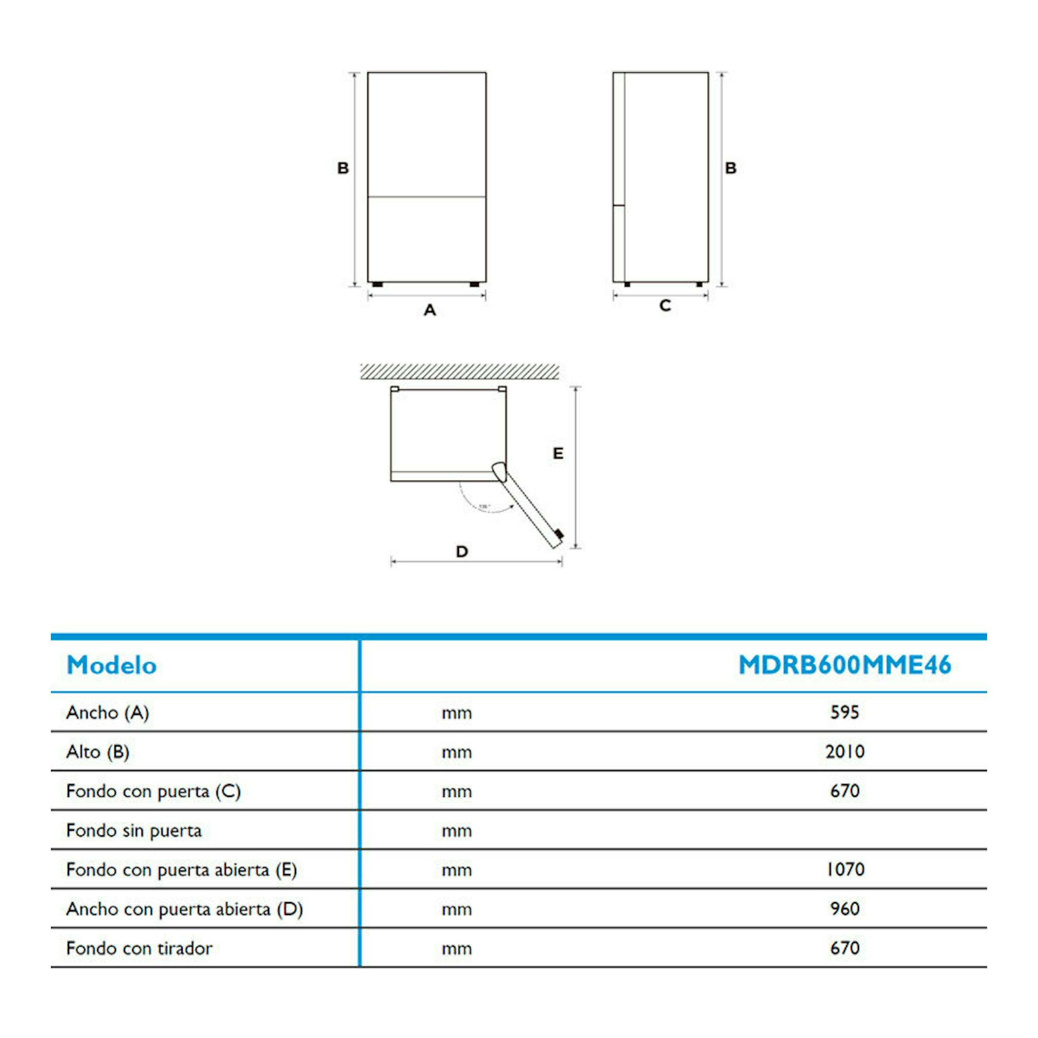 Midea MDRB600MME46: diagrama de medidas de frigorífico combi inox, vistas frontal, lateral y puerta abierta.