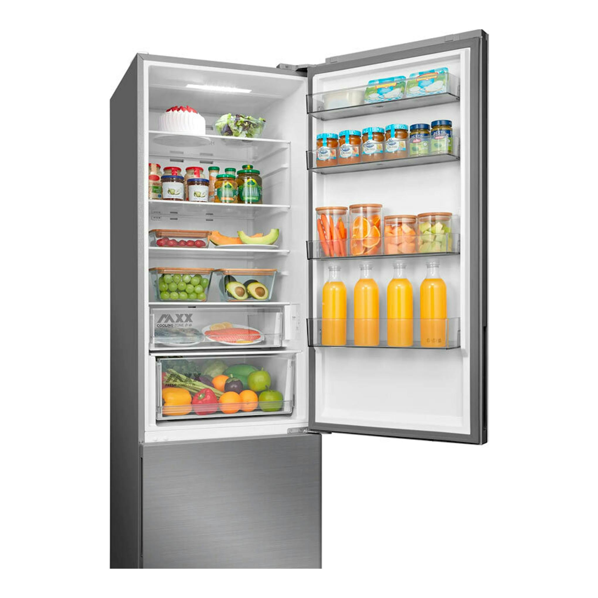 Frigorífico combi Midea MDRB600MME46 inox, abierto en vista frontal, con estantes y cajones visibles.