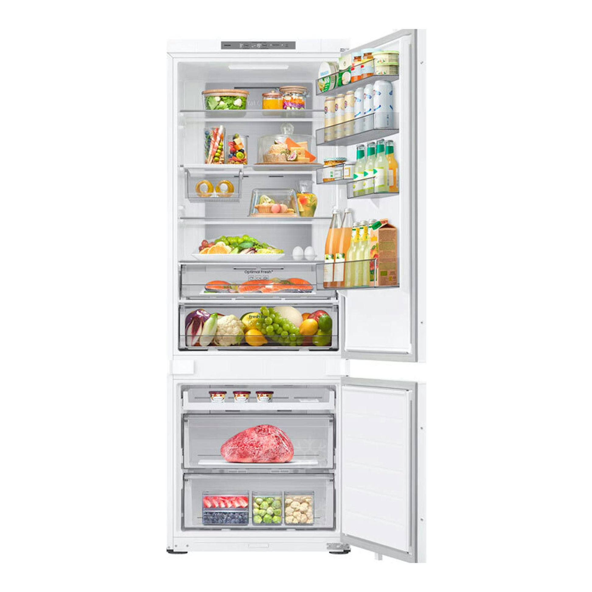 Frigorífico combi Samsung BRB38G705DWWEF blanco, vista frontal con puertas abiertas e interior visible.