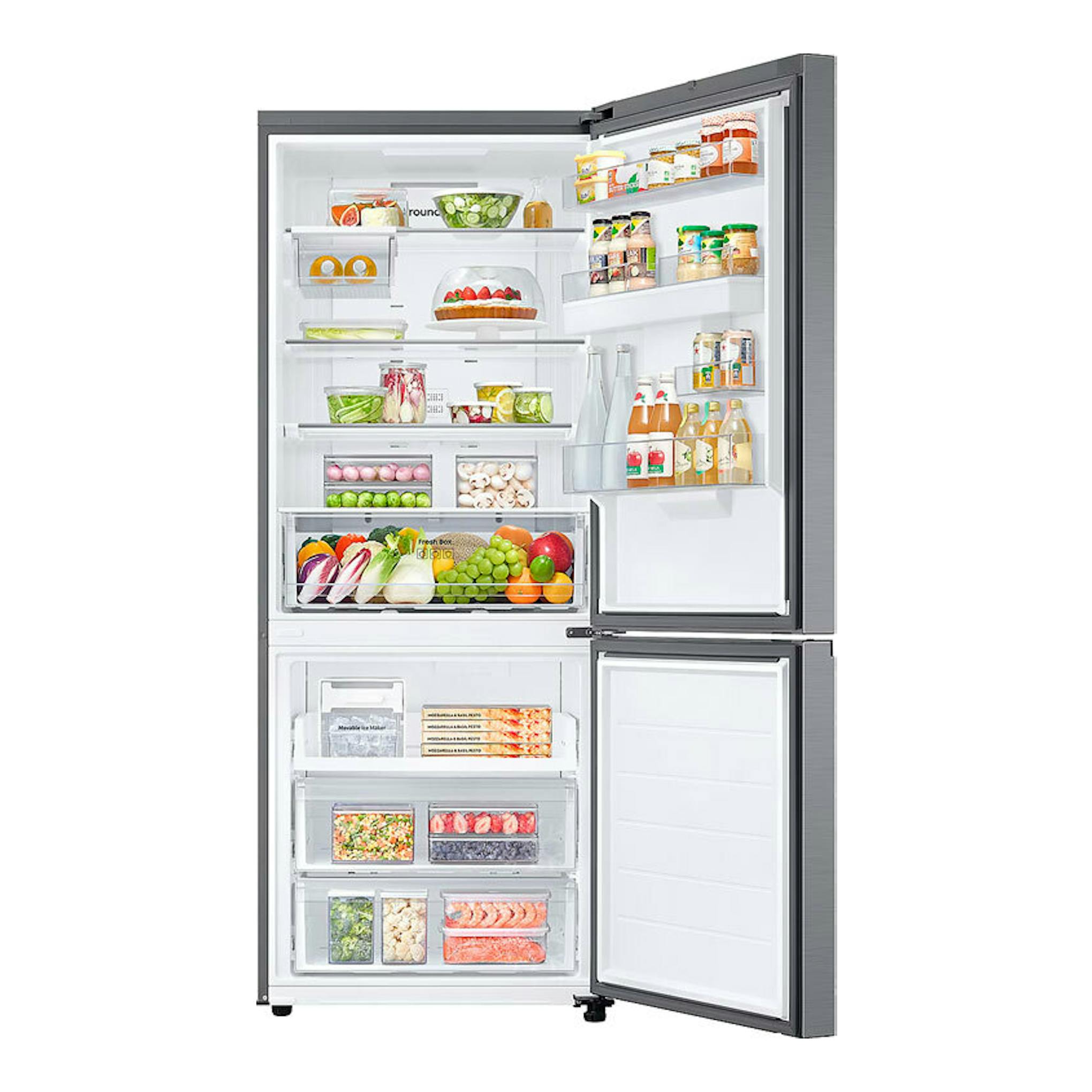 Frigorífico combi Samsung RB50DG632ES9EF inox, vista frontal abierta, con estantes y cajones llenos.