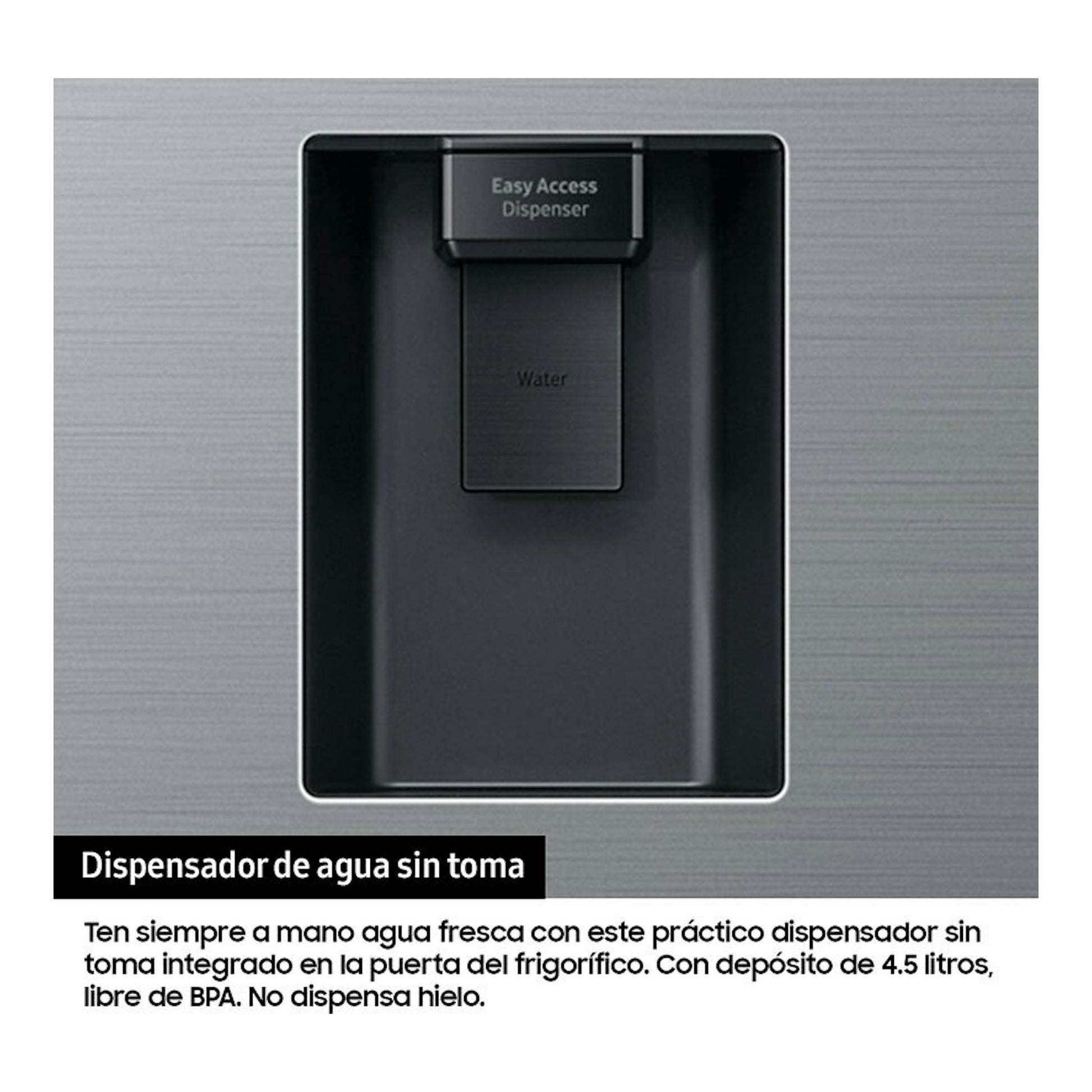 Samsung RB50DG632ES9EF inox, dispensador de agua integrado en la puerta del frigorífico, vista frontal.